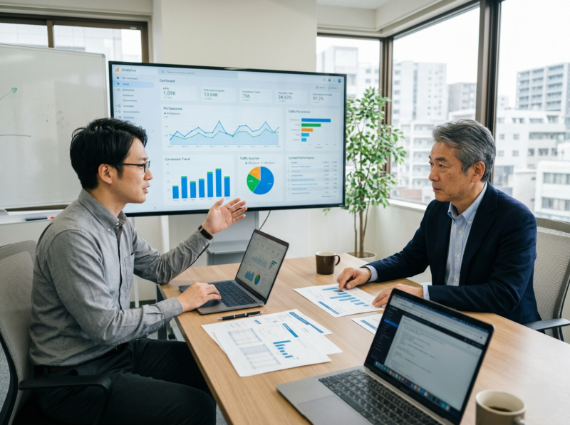 経営者と担当者がダッシュボードを見ながらWebの数字を確認している場面