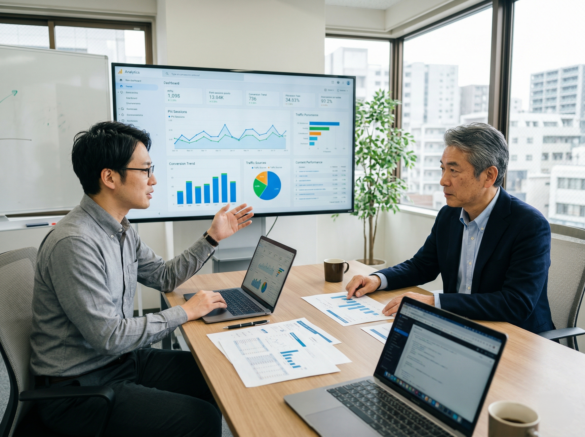 経営者と担当者がダッシュボードを見ながらWebの数字を確認している場面