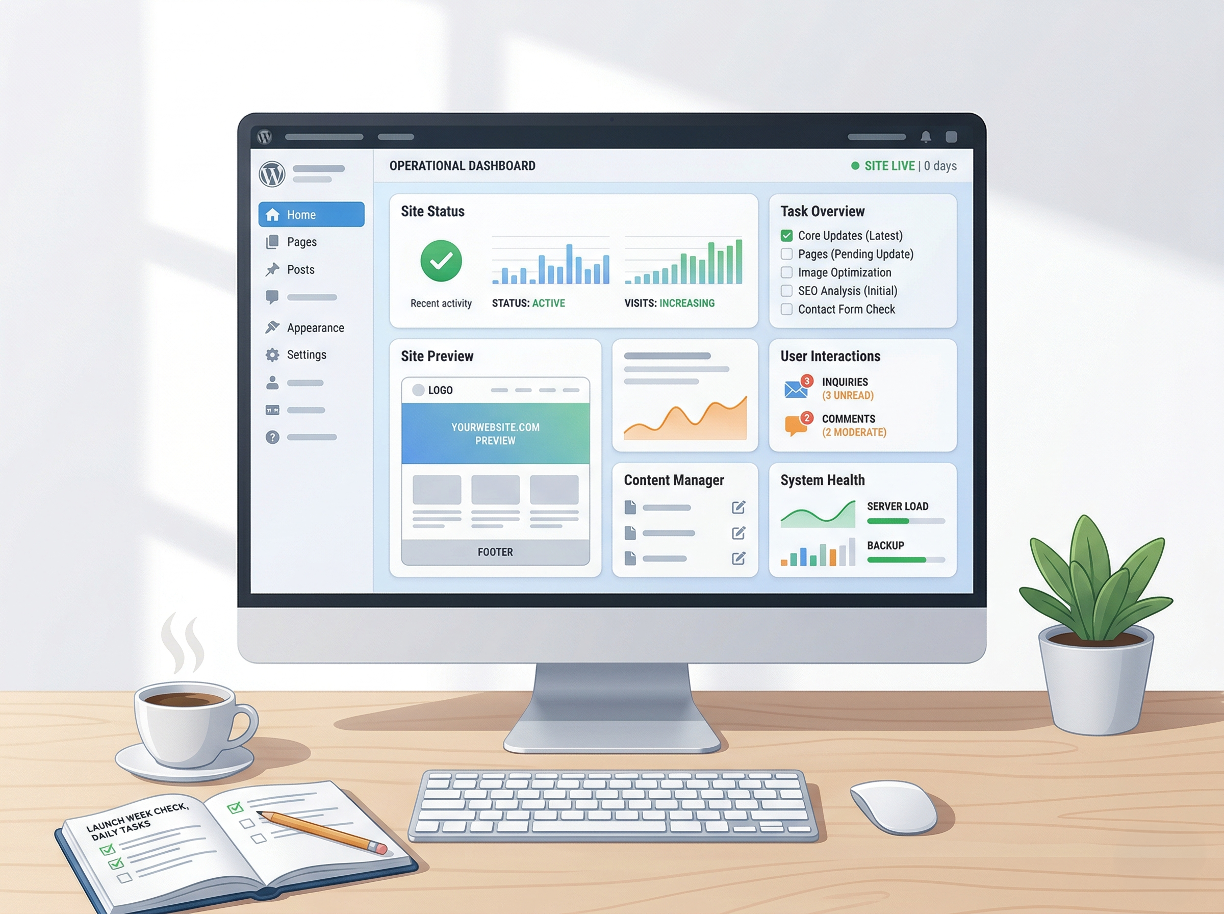 公開直後のWordPressサイトで運用開始前の確認をしているイメージ