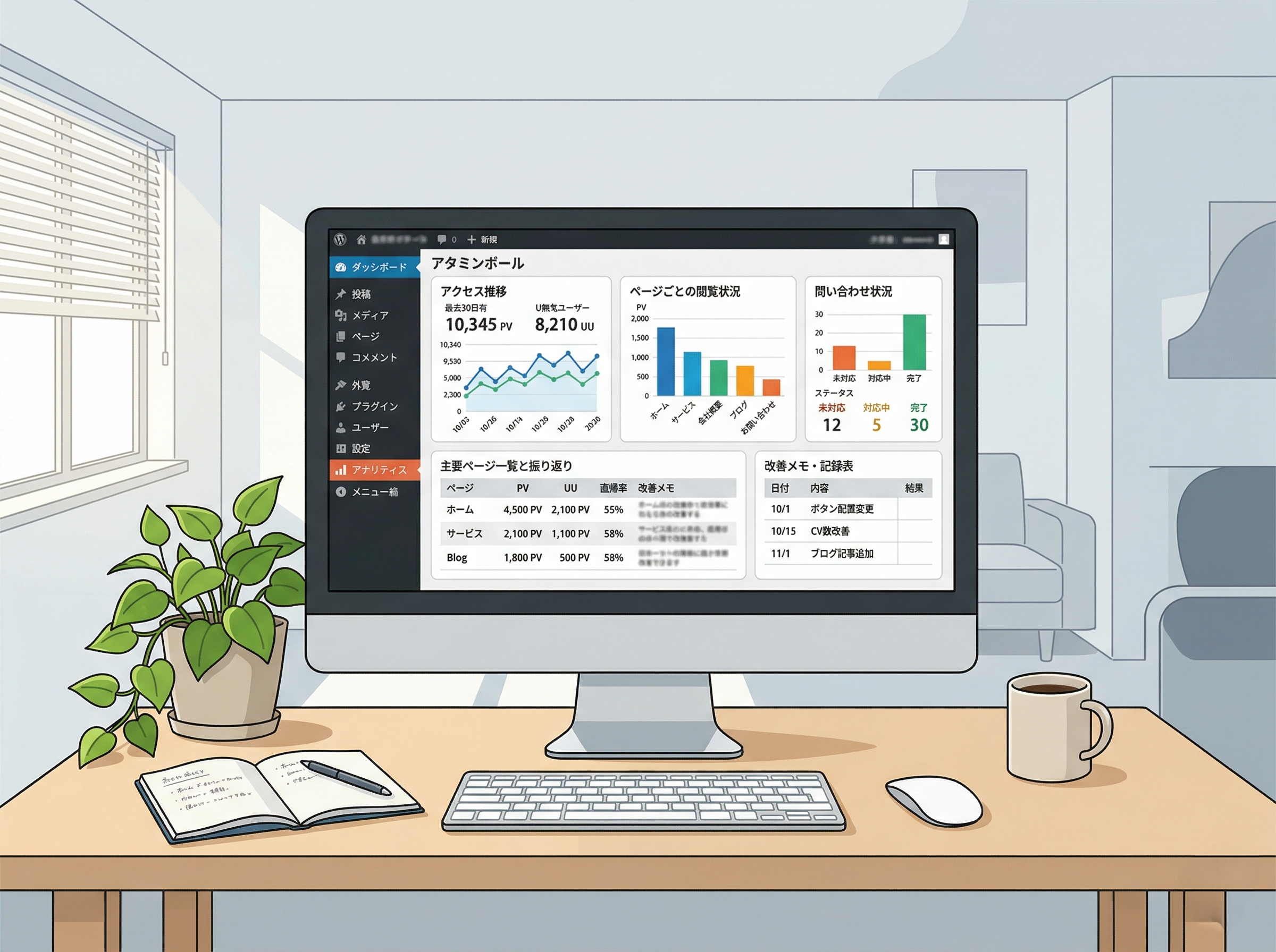 WordPressサイトの運用データを確認しながら改善を検討しているイメージ