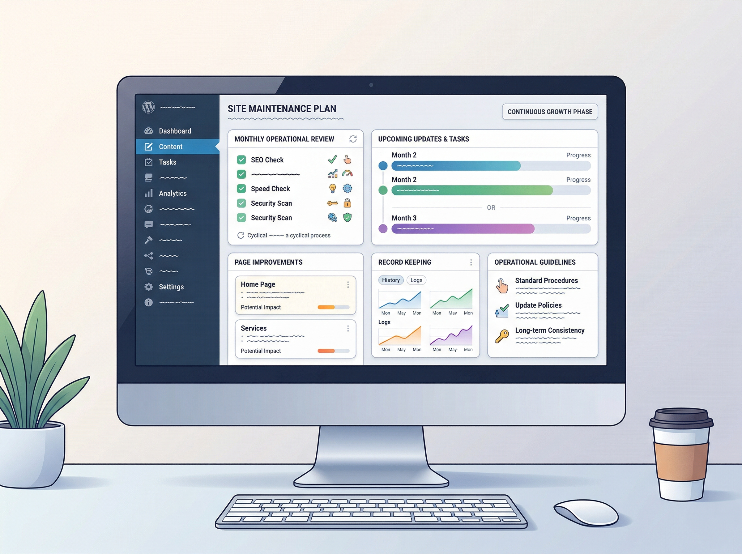 公開後30日の記録をもとに継続運用の計画を立てているWordPressサイトのイメージ