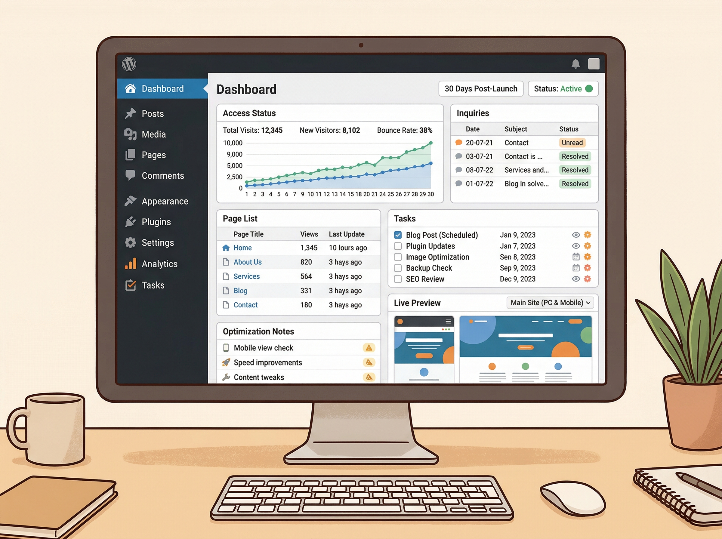 WordPressの管理画面風UIで公開後の初期運用やデータ確認を行っているイメージ
