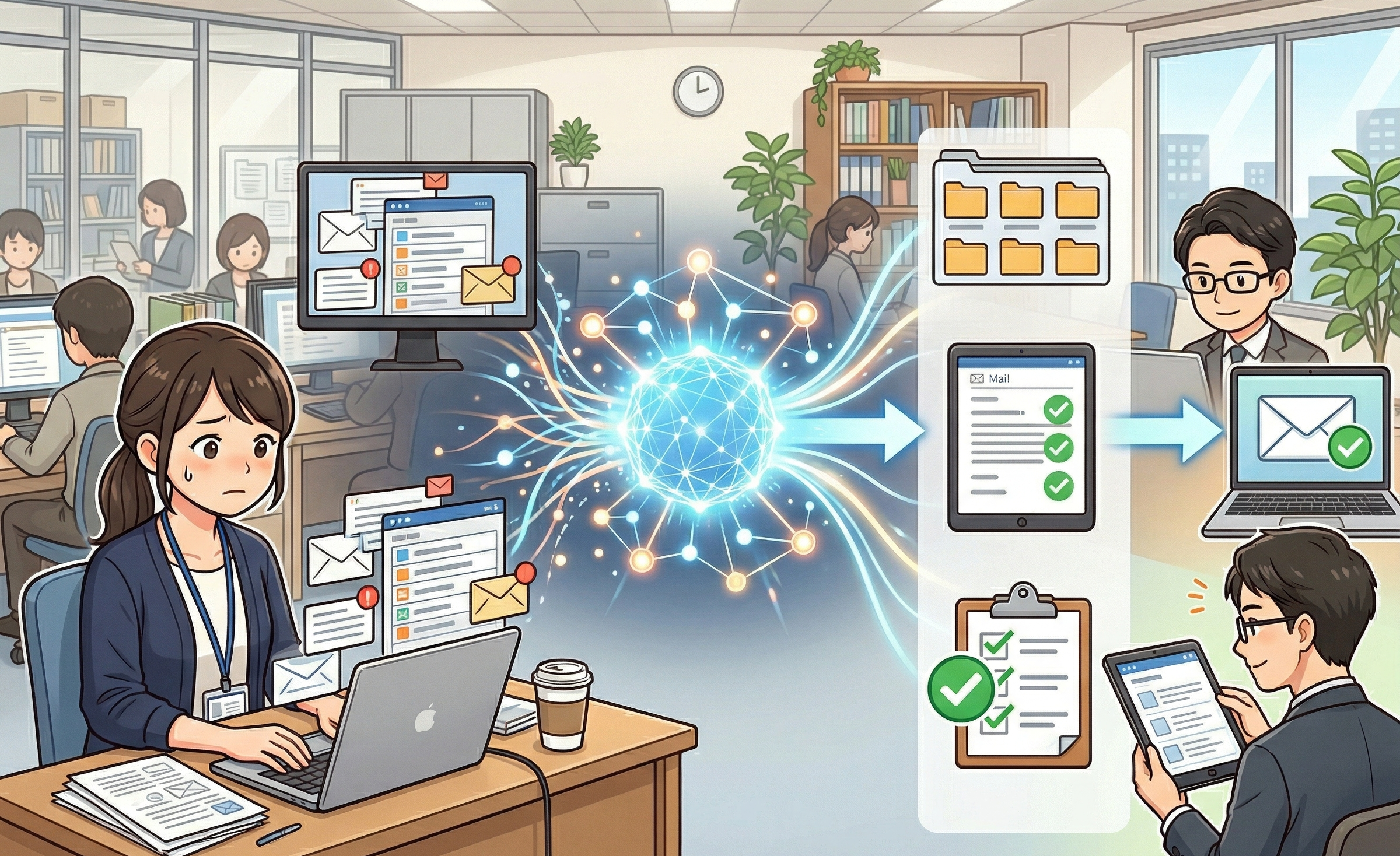 メールを定型返信向けと個別判断向けにAIが整理して分けるイメージ