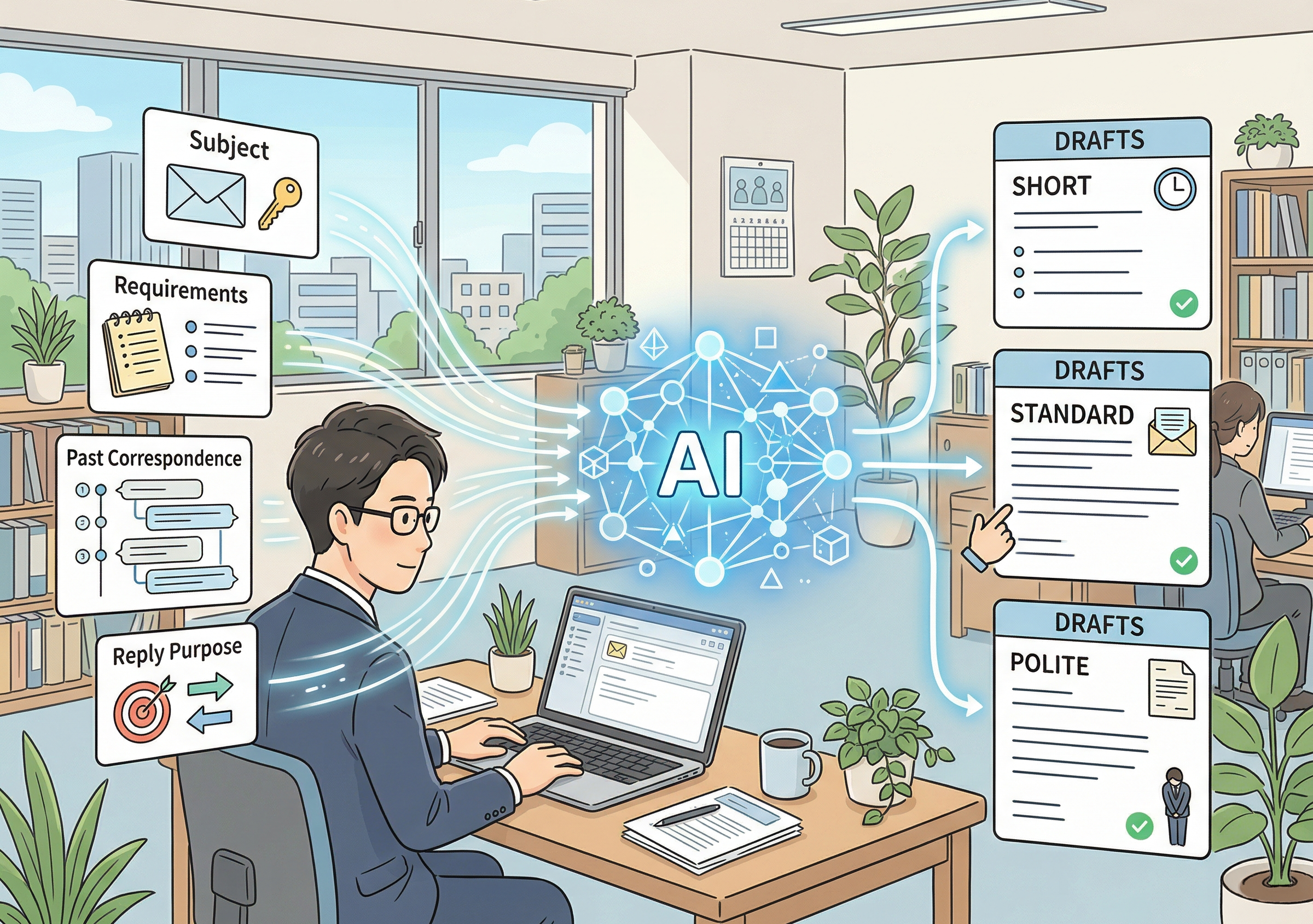件名や要件や過去のやり取りをもとにAIがメール下書きを整えるイメージ