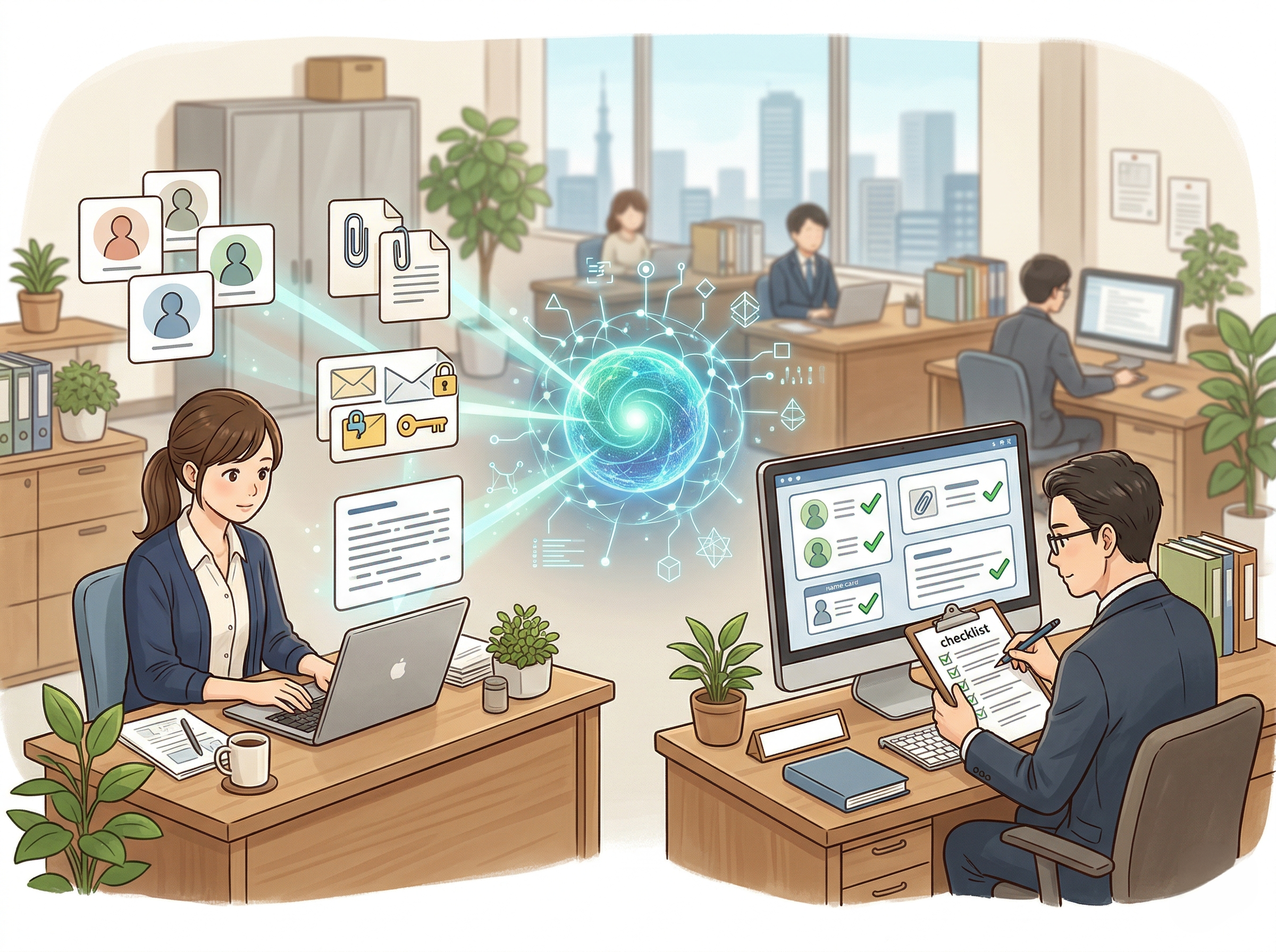 宛先や添付や本文を送信前に人が確認しAIが補助するイメージ