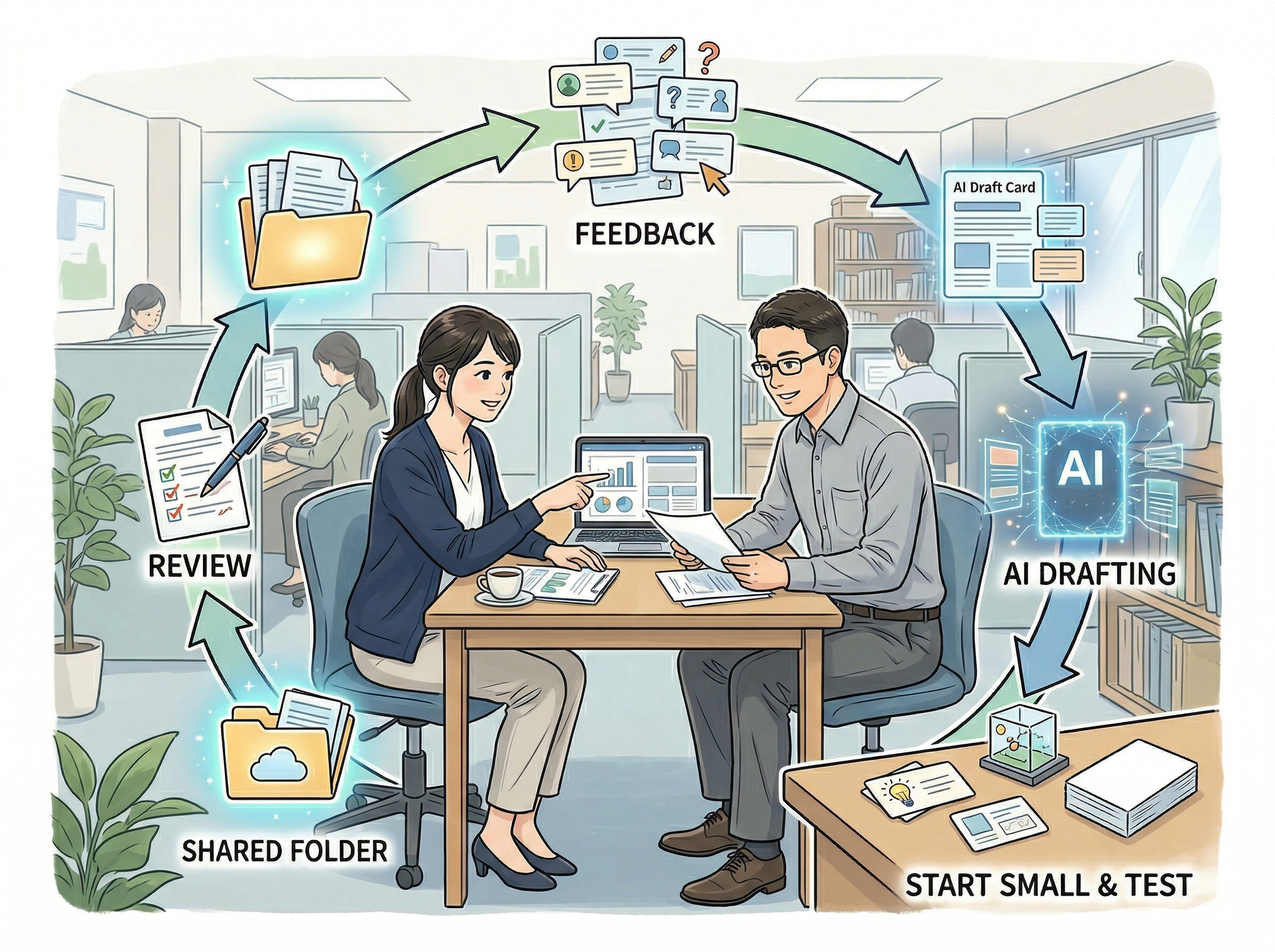 メール返信テンプレートとAI下書きを運用しながら見直して改善していくイメージ