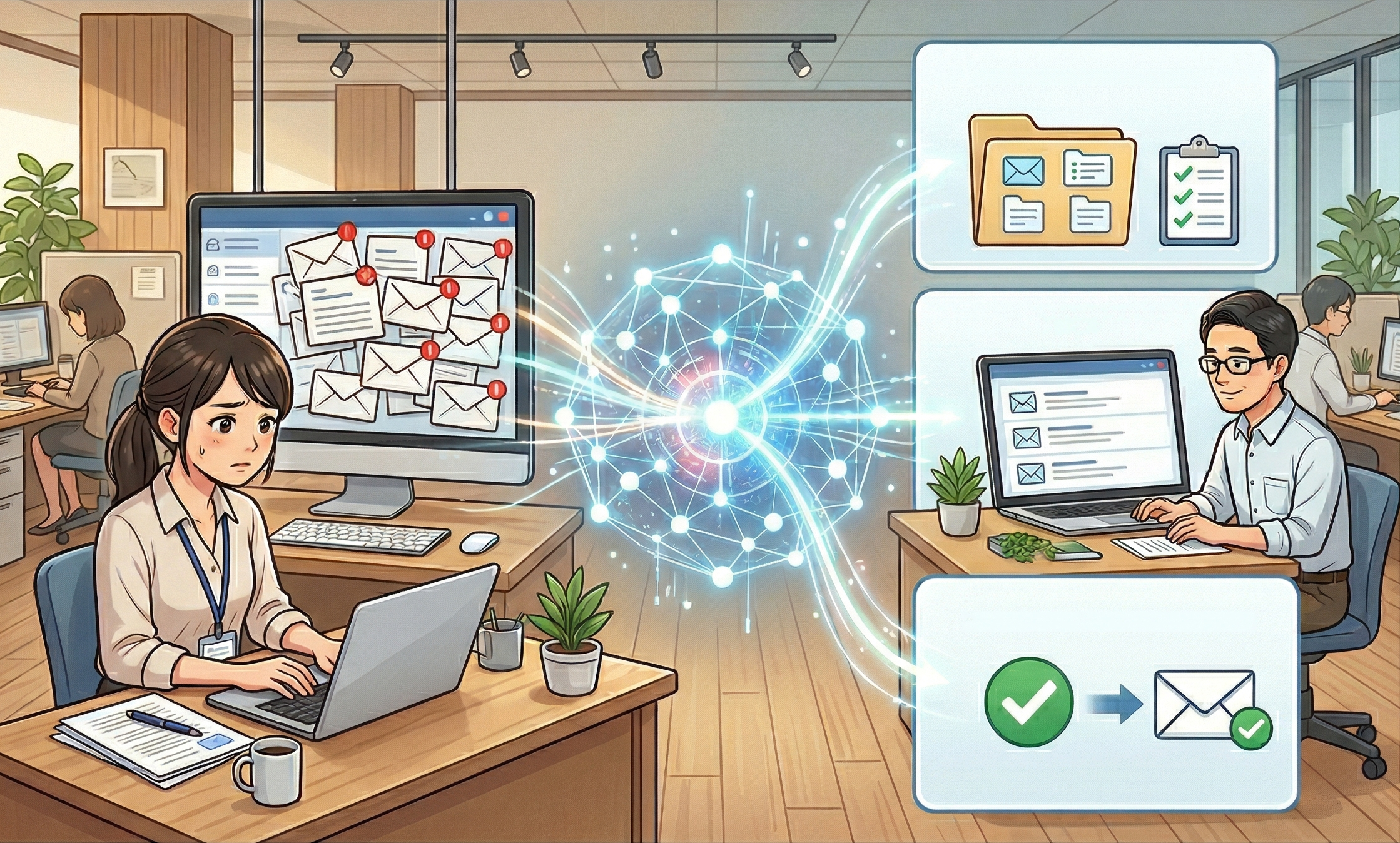 メール返信の定型文とAI下書きと確認フローを整理して業務を整えるイメージ