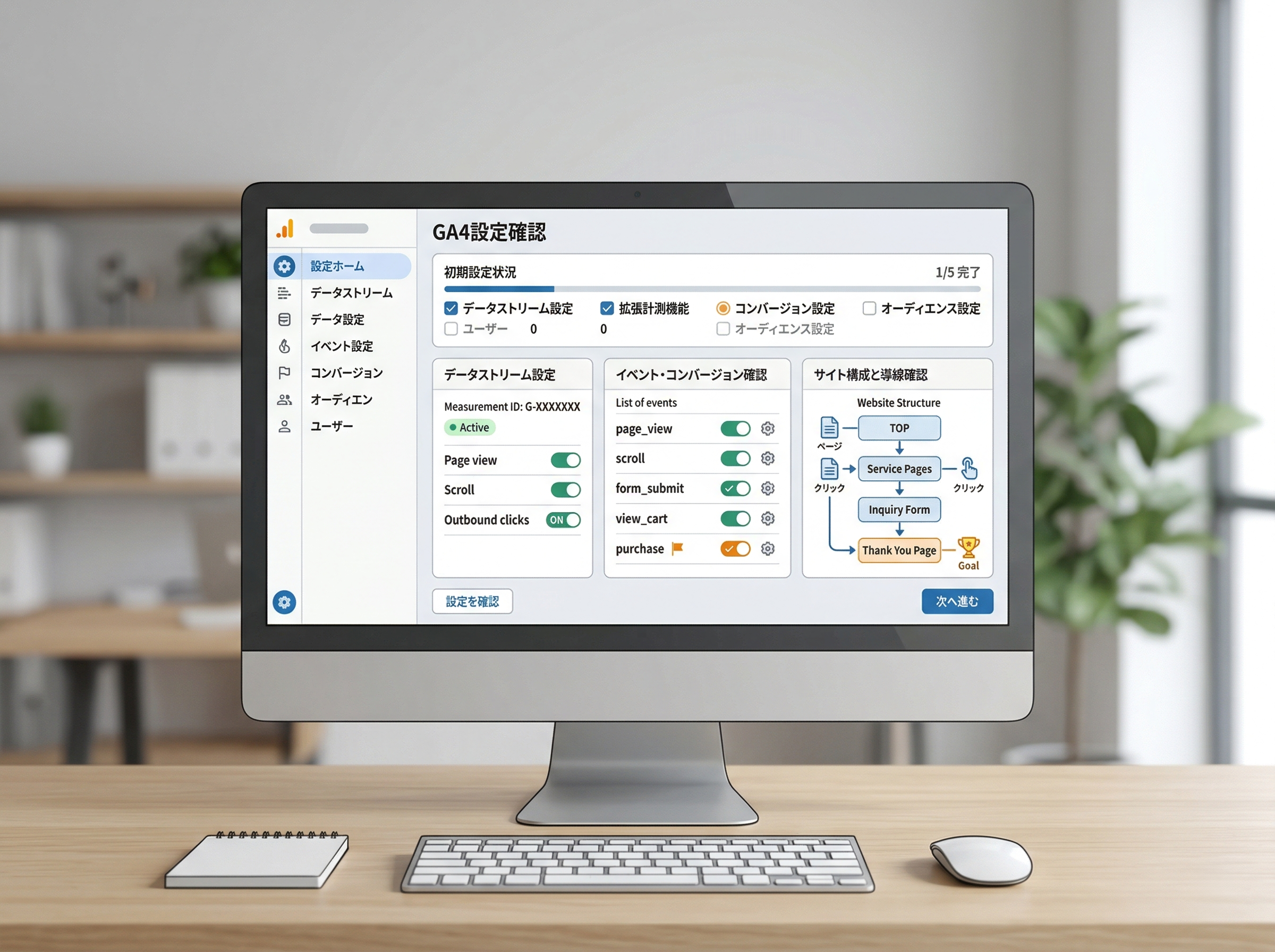 GA4の設定画面風UIで計測や成果地点を整理しているイメージ