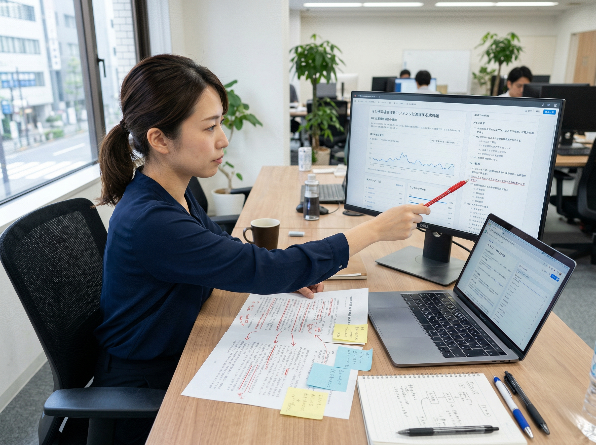 検索意図と記事構成のズレを確認しながら見出しを整理している様子