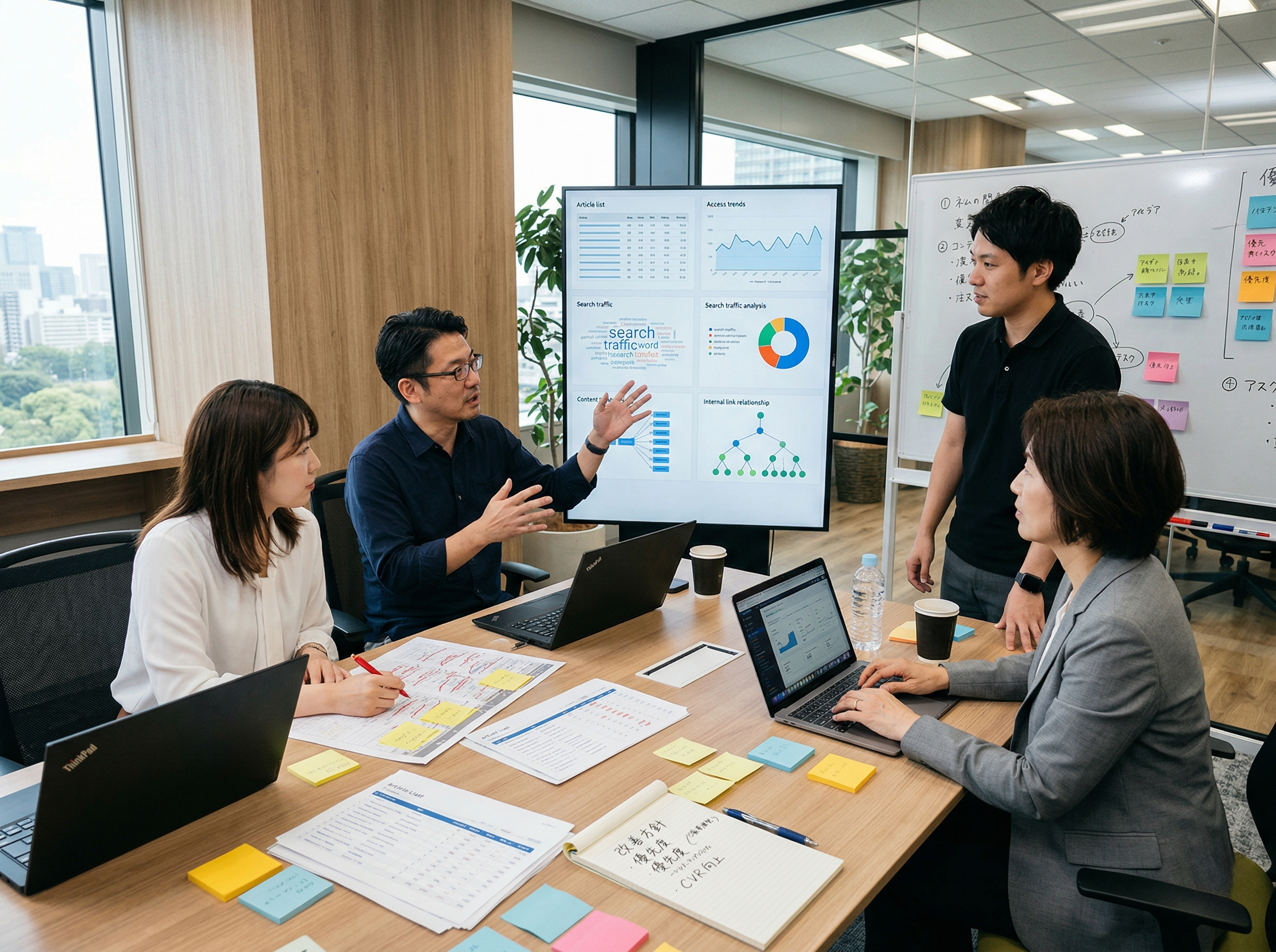 公開済み記事の改善方針を検討しながら分析画面と構成メモを確認する担当者たち