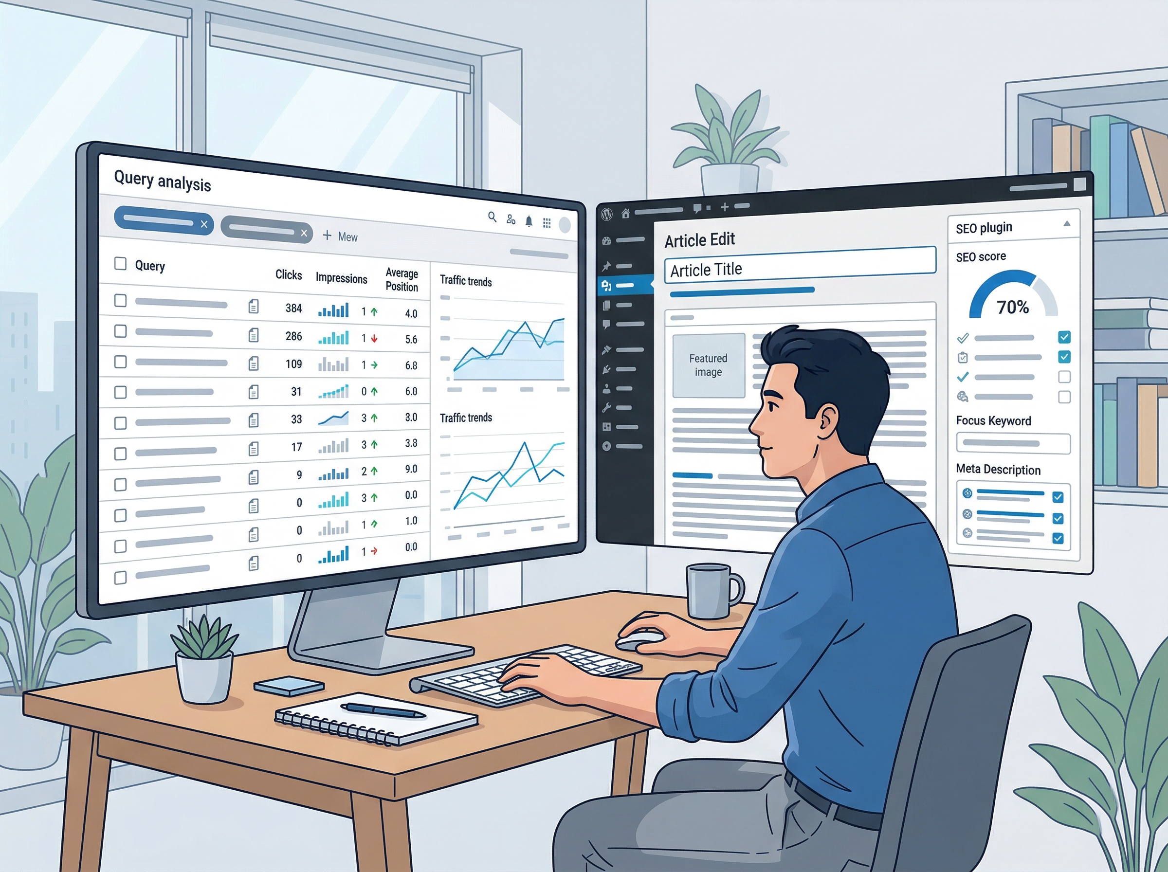 GA4の設定画面風UIで計測や成果地点を整理しているイメージ