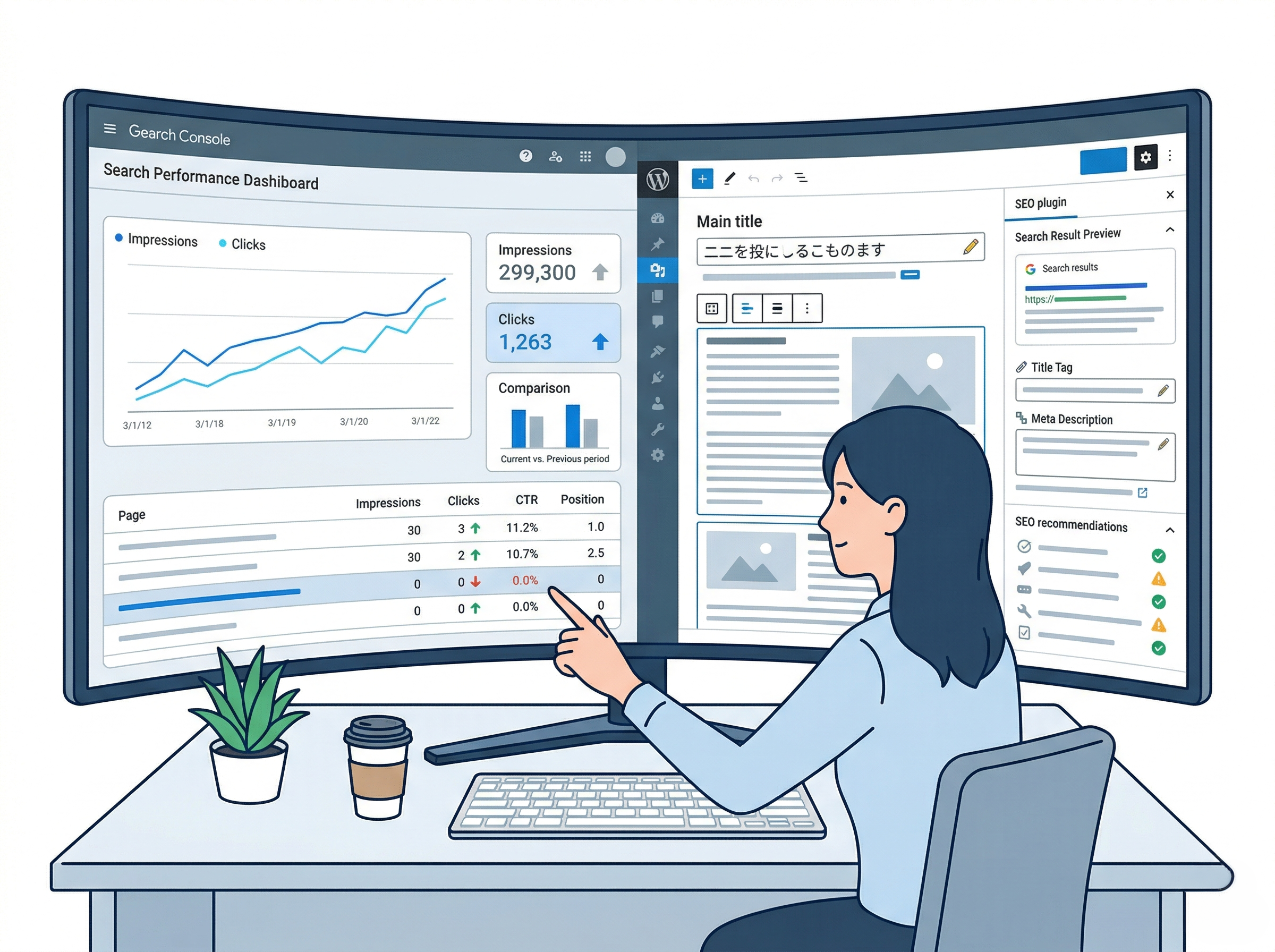問い合わせ完了や成果地点の計測設定を整理している分析画面風のイメージ