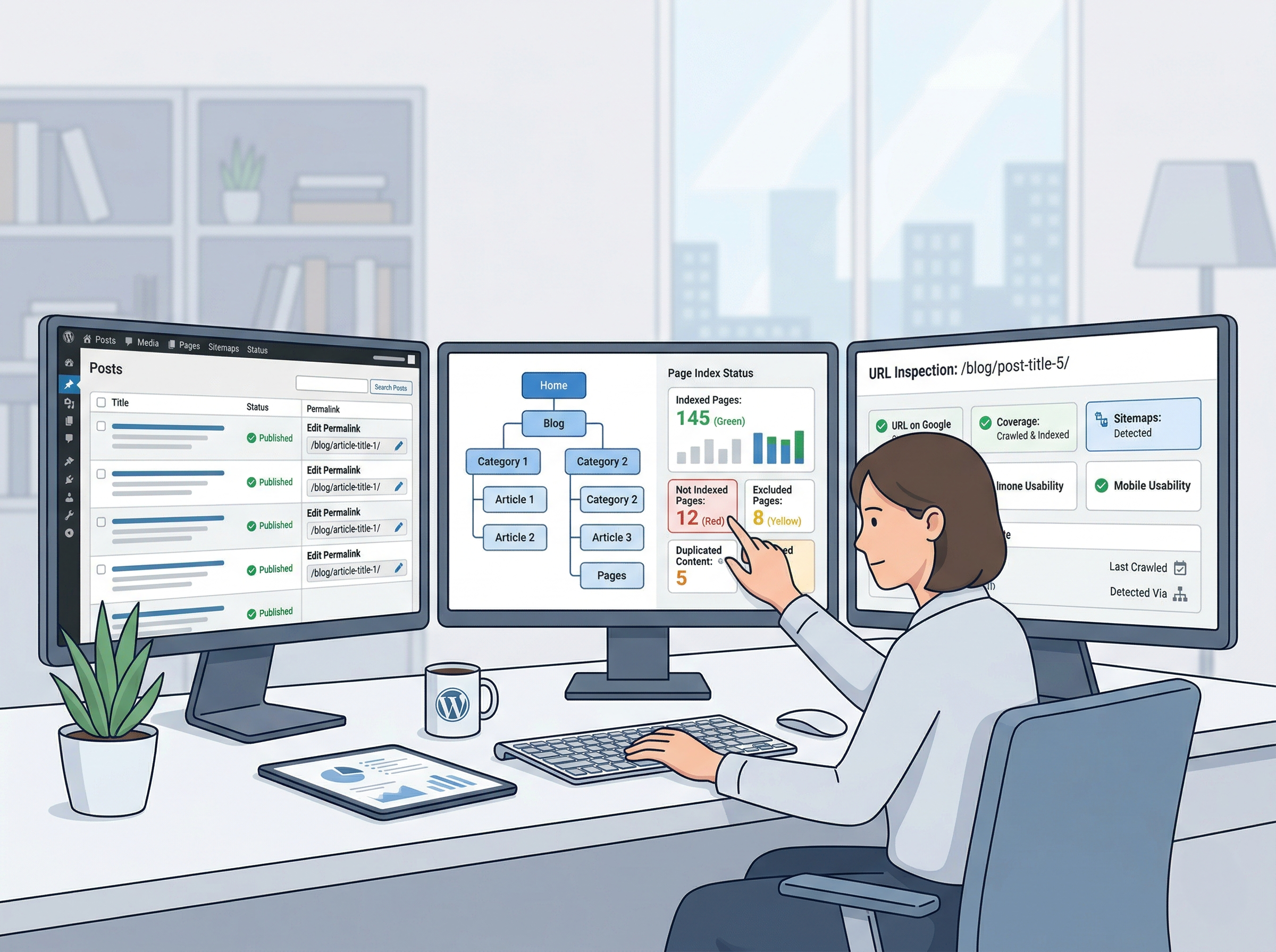 分析結果を見ながらサイト改善の判断をしているWordPress運用画面風のイメージ