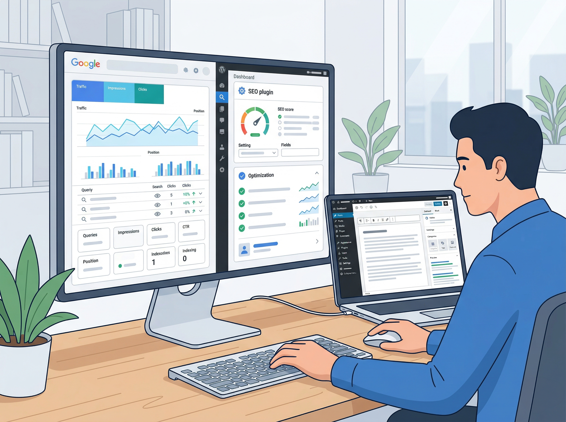WordPress管理画面と分析ダッシュボード風UIでGA4の初期設定を確認しているイメージ