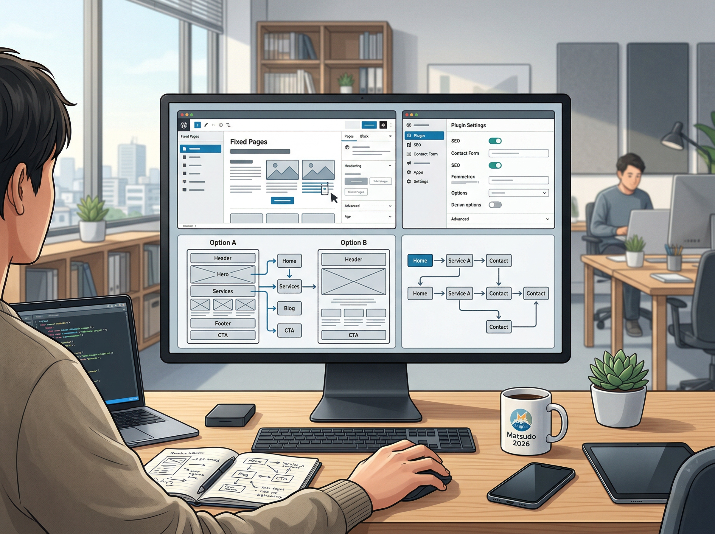WordPressのページ設計や導線設計を試行錯誤しているイメージ