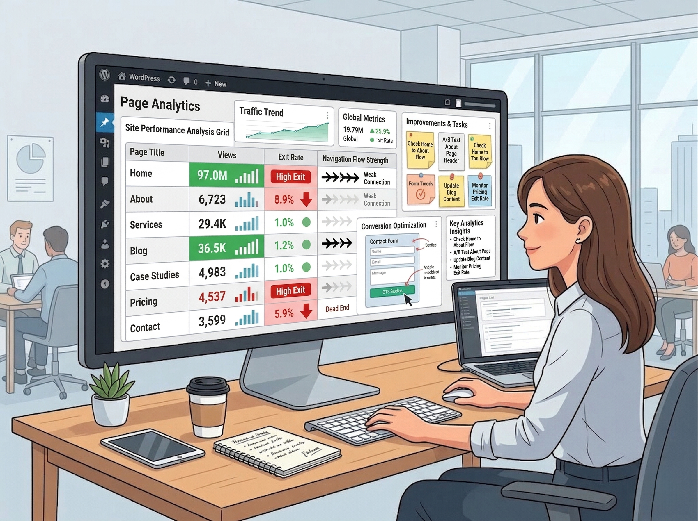 WordPressサイトの閲覧ページと離脱ポイントを分析しているイメージ