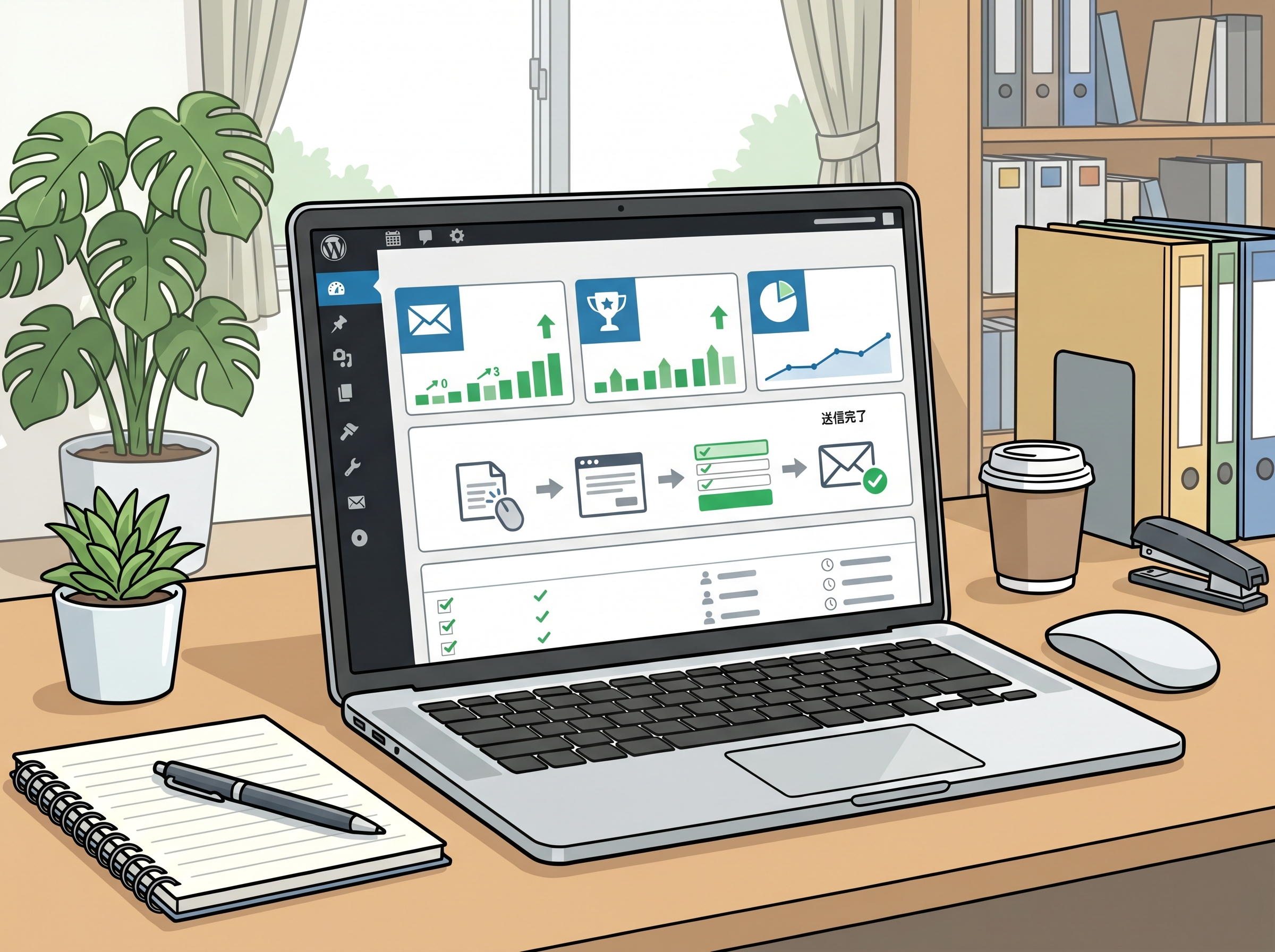問い合わせ数や問い合わせ率を中心にWordPressサイトの成果を見ているイメージ