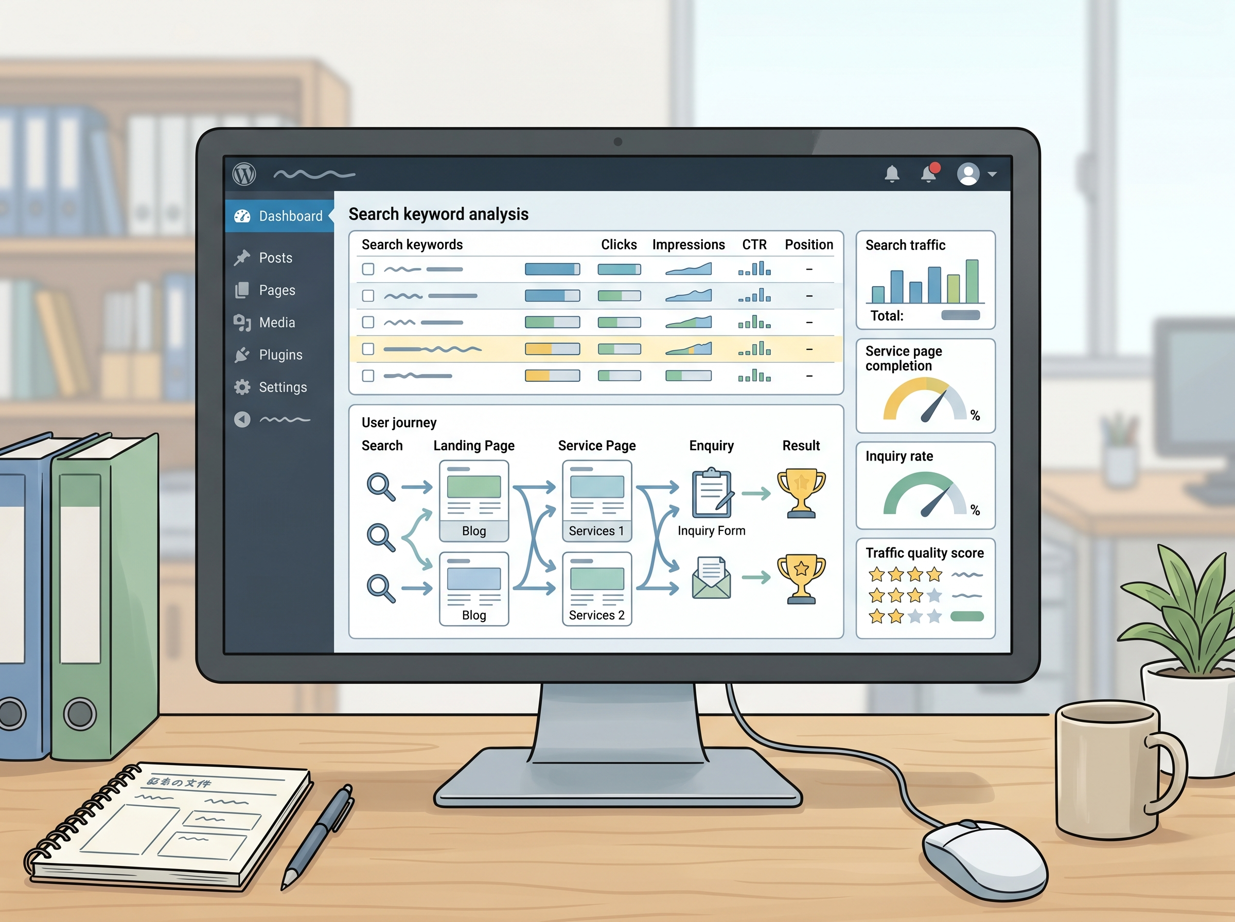検索キーワードの質とサイト内行動を見ながらKPIを整理しているイメージ