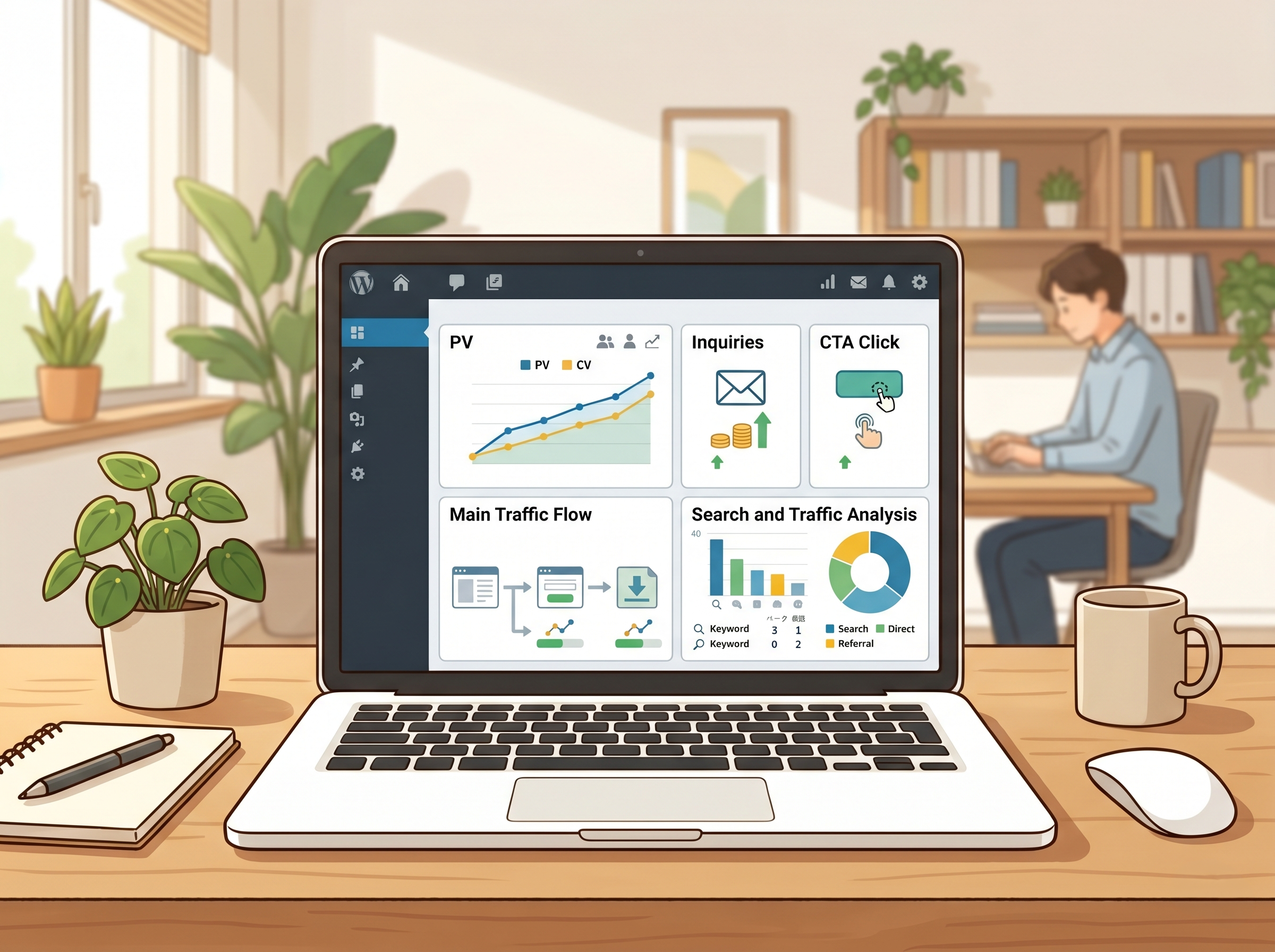 WordPressサイトでアクセス数ではなく成果につながる数字を分析しているイメージ