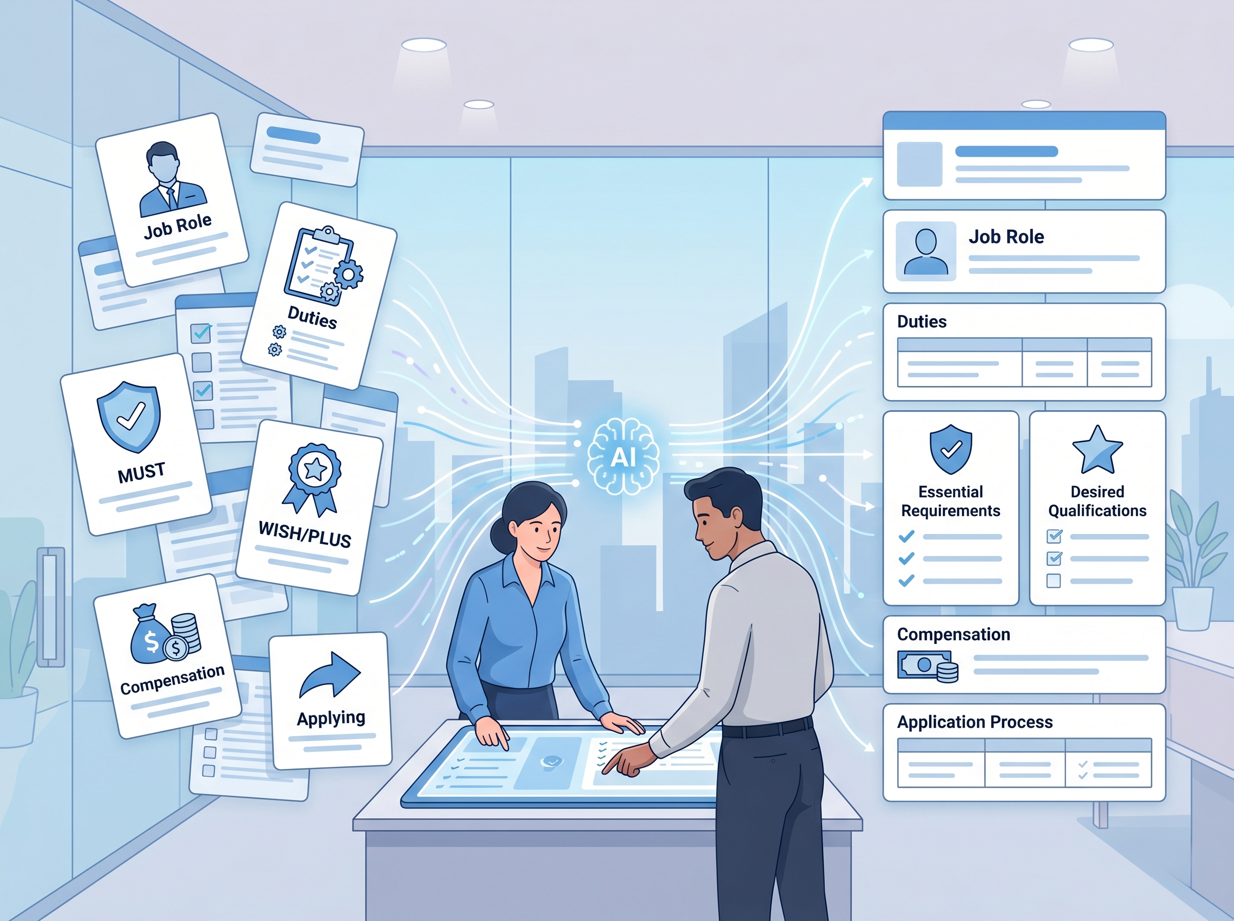 募集要項の項目をAIと担当者が整理しているイメージ
