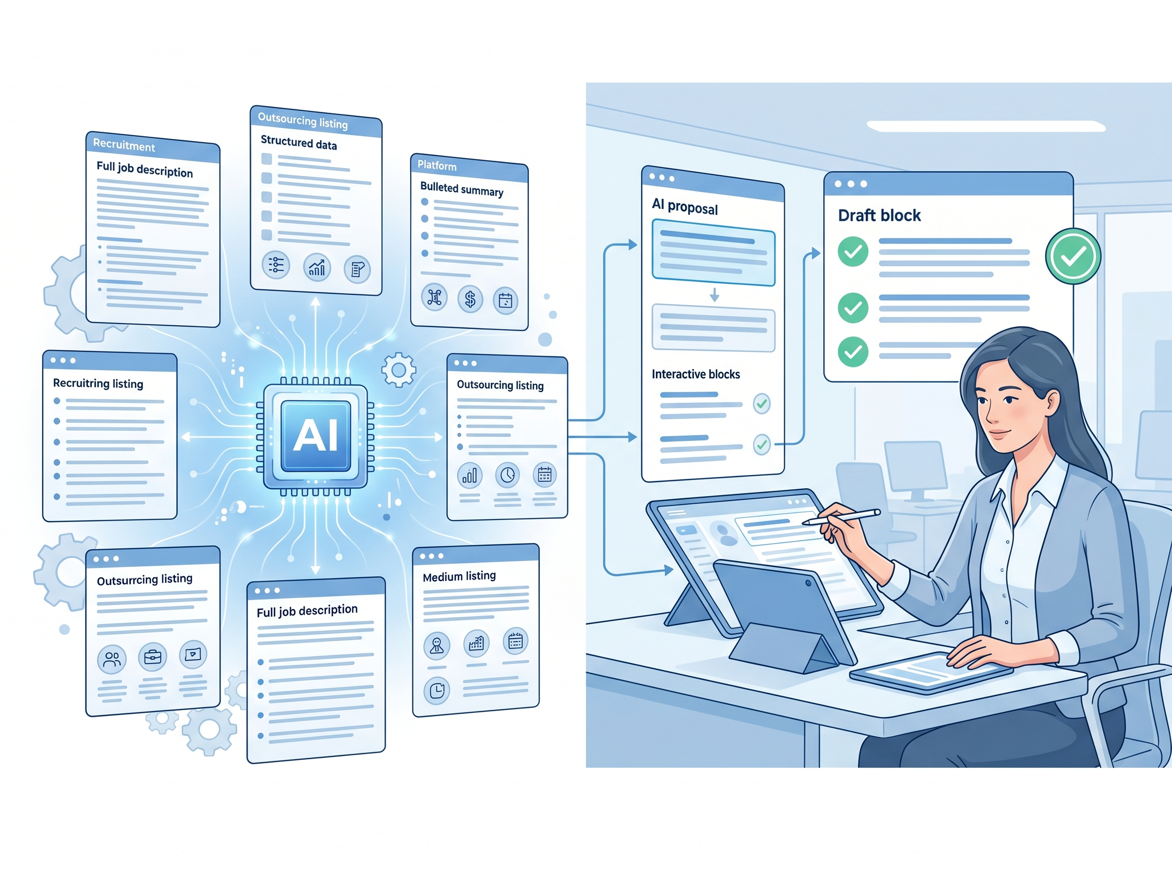 AIが募集文の下書きを作り、人が最終確認しているイメージ