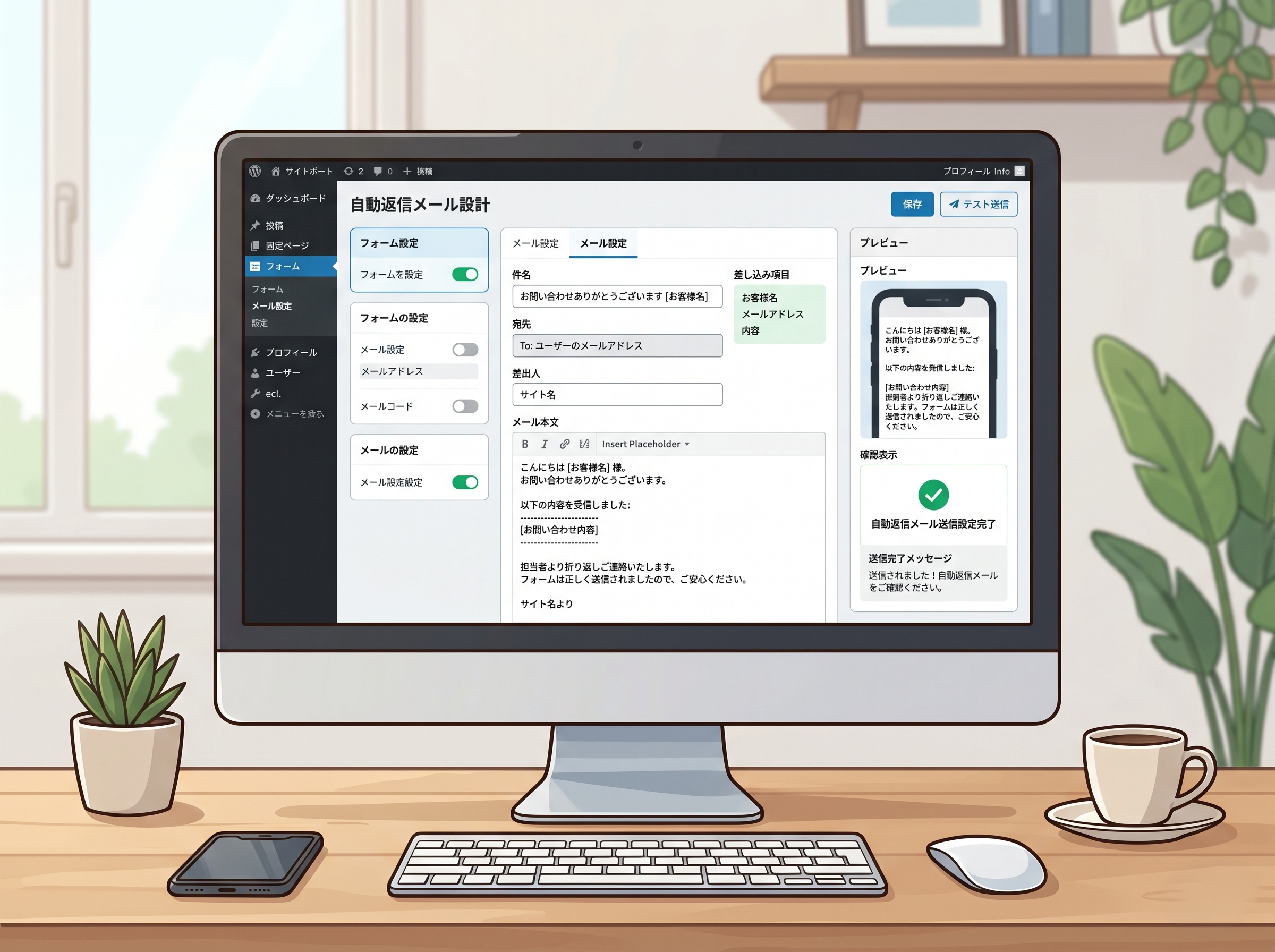 WordPressのフォーム設定画面で自動返信メールを設計しているイメージ