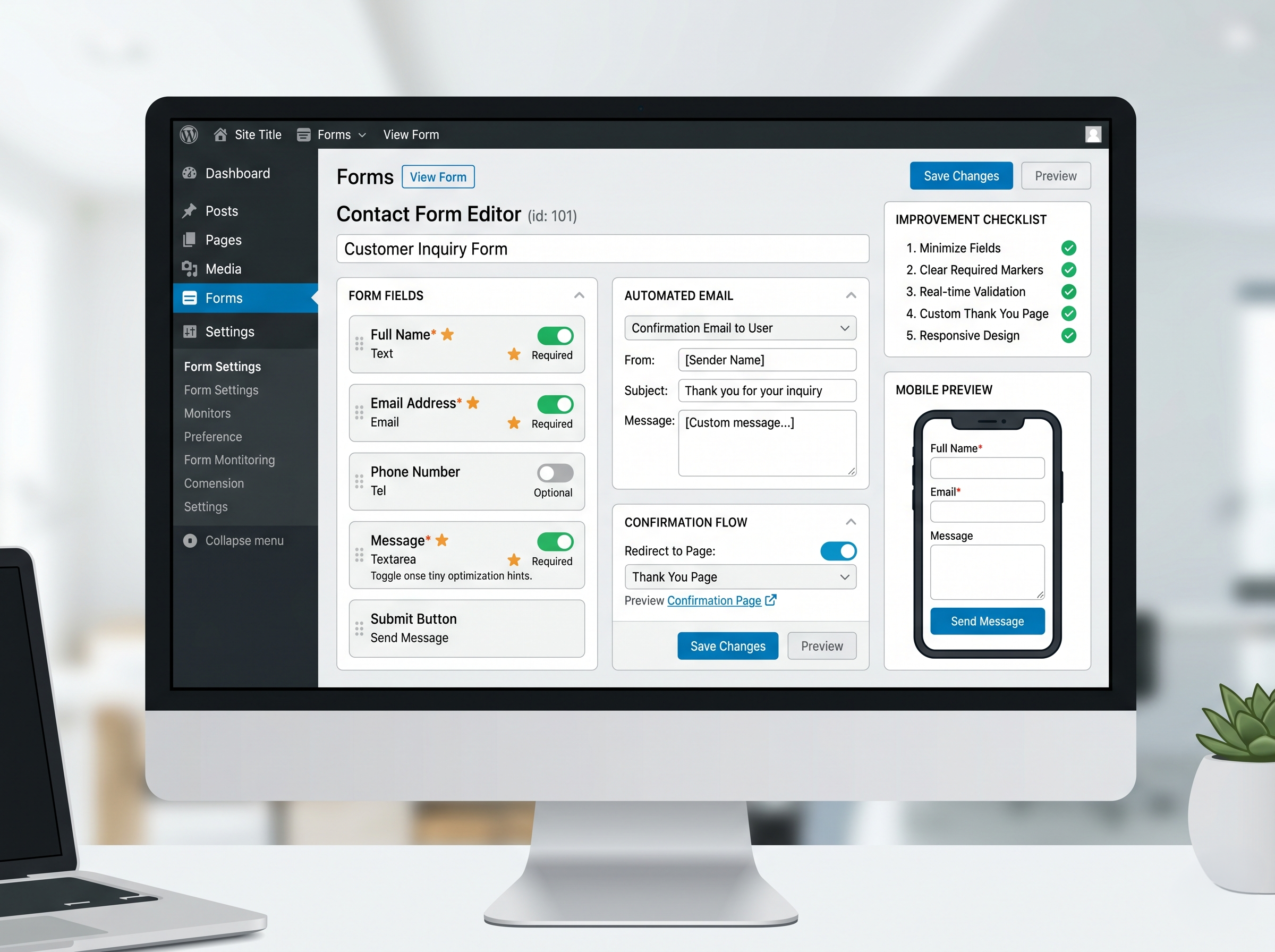 WordPress管理画面で問い合わせフォームの改善を行っているイメージ