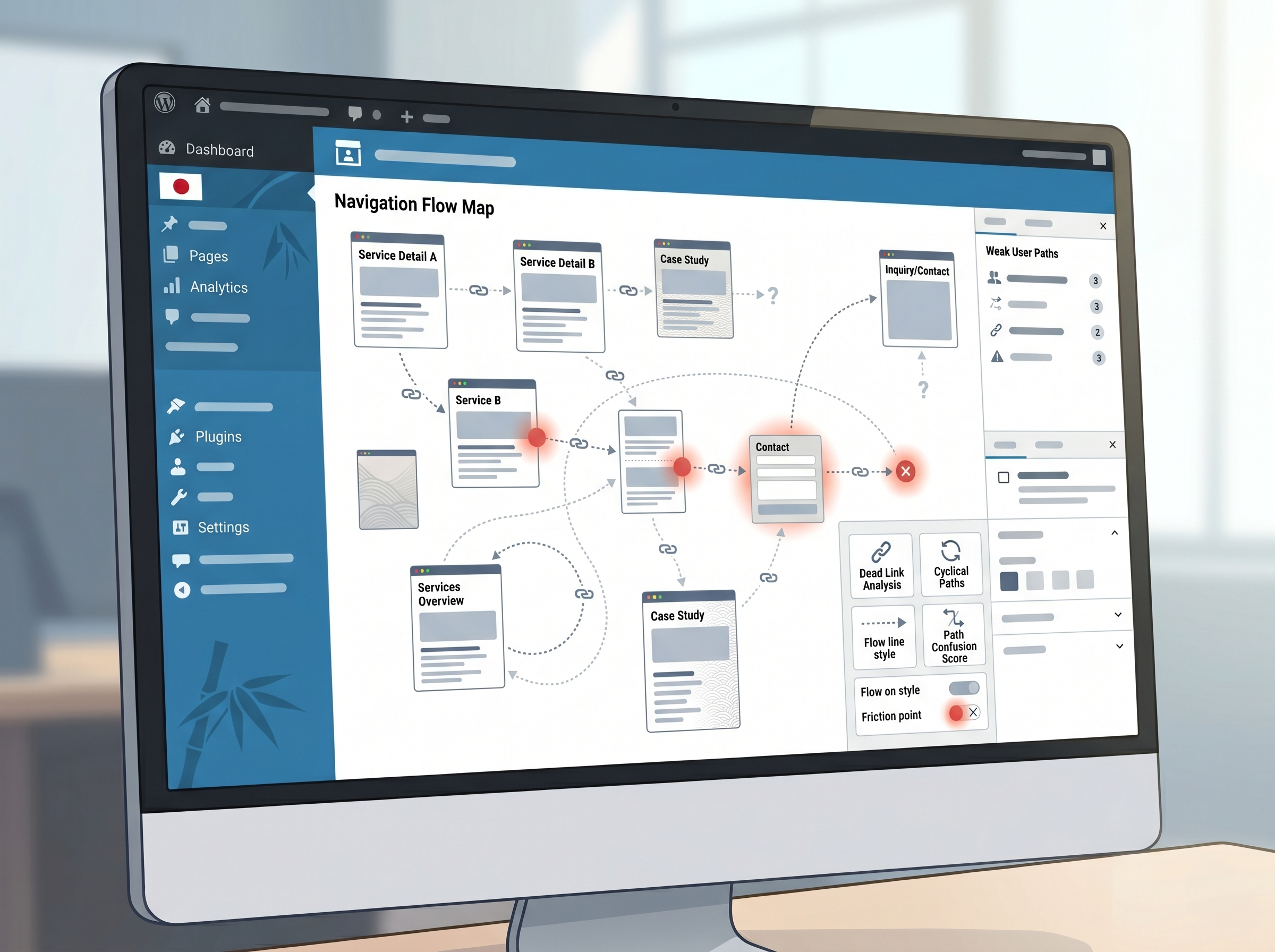 WordPressサイトのページ構成が整理されておらず、ユーザー導線が途切れている様子を示すUIイメージ