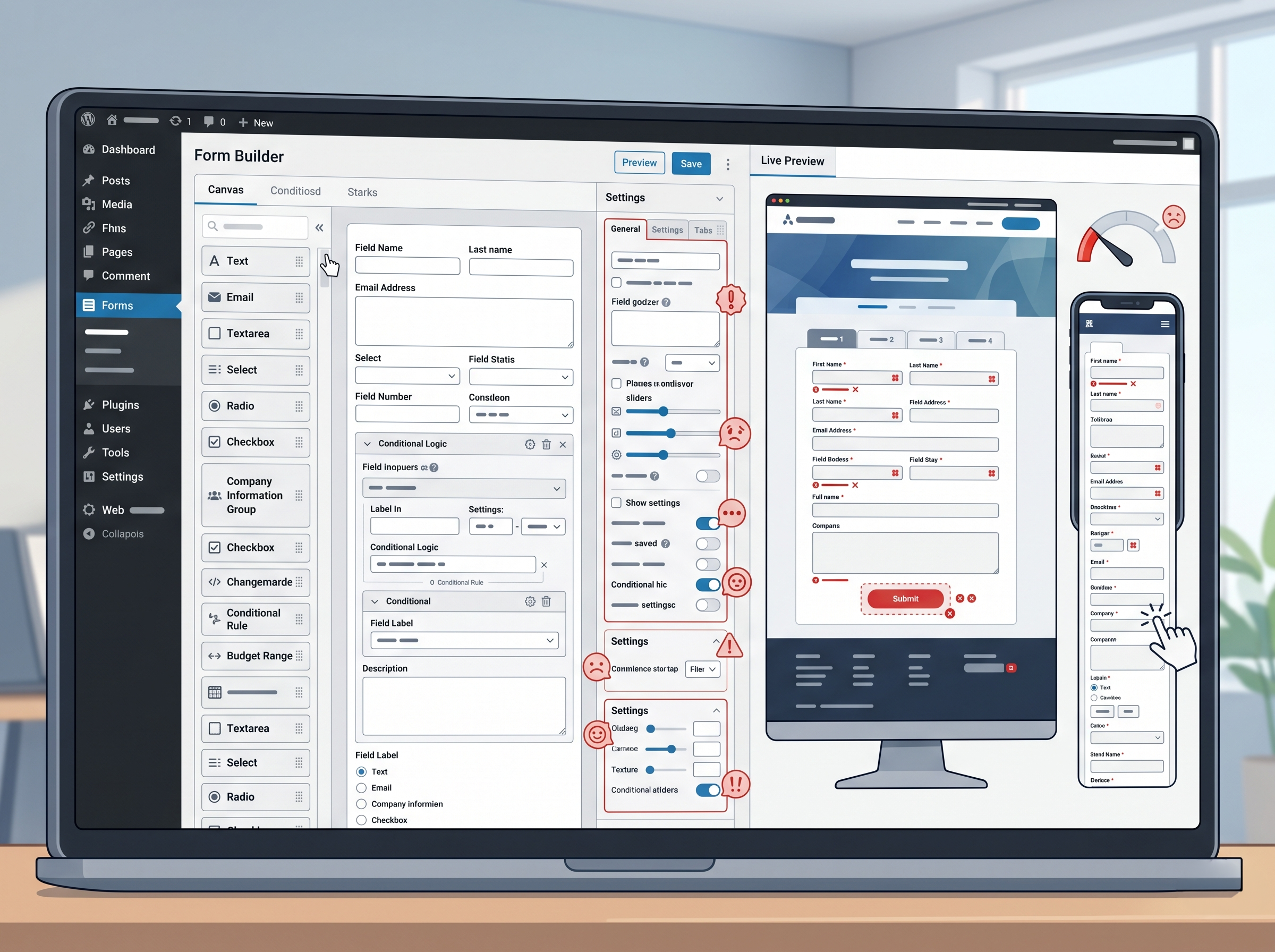 WordPressの問い合わせフォームUIが複雑で、入力しづらそうに見えるイメージ