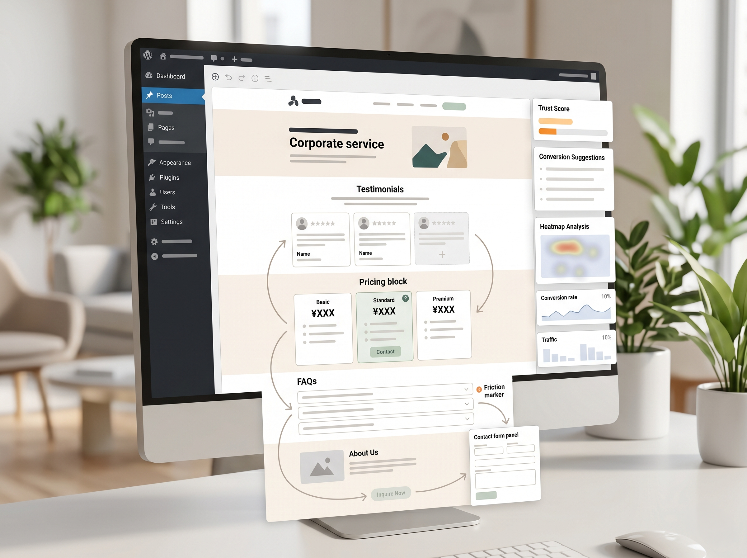 実績・料金・FAQなどの安心材料が不足したWordPressサイトUIを表現したイメージ