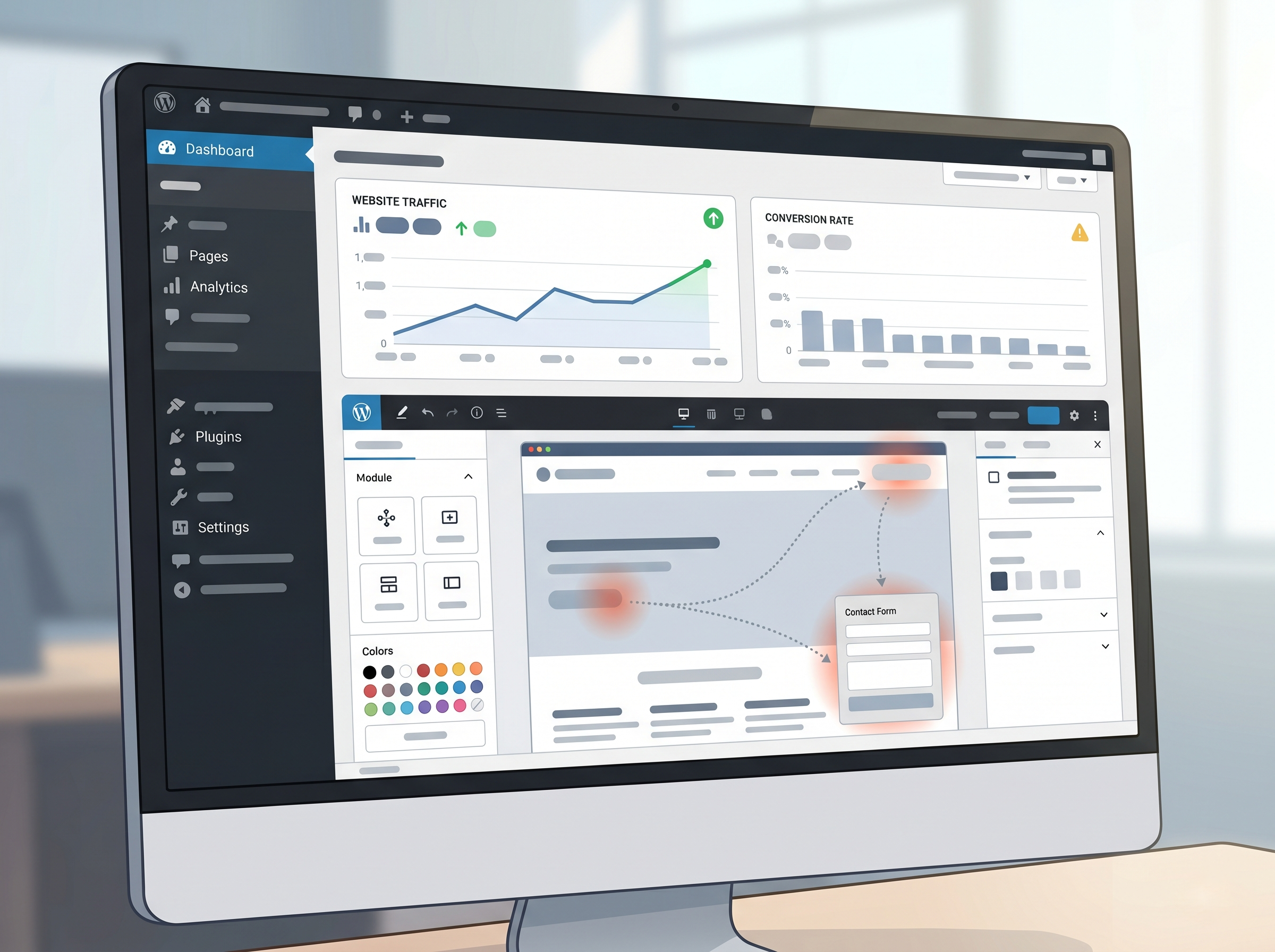 WordPress管理画面風のUI上で、アクセス数はあるのに問い合わせ導線に課題がある様子を表現したイメージ