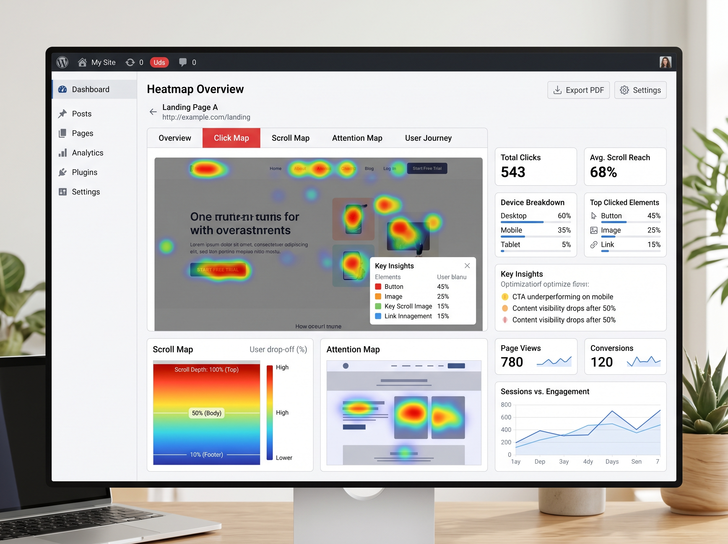 WordPressの分析画面でヒートマップの種類や注目エリアを確認しているイメージ