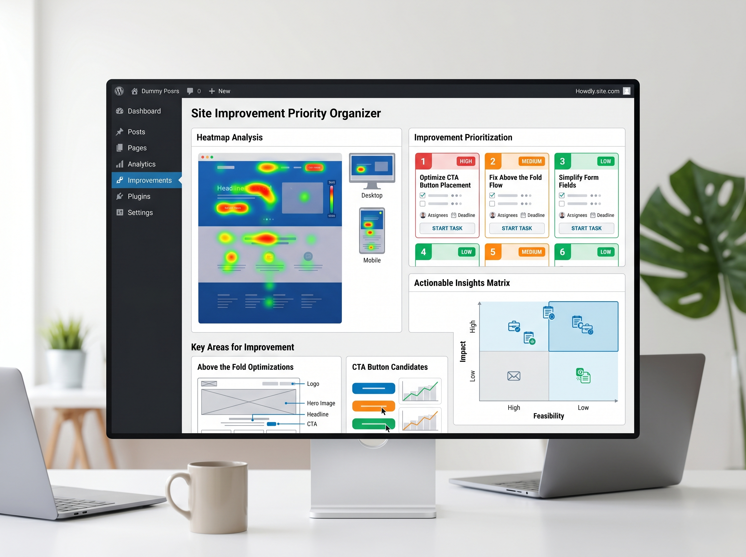 WordPressの改善ダッシュボードで分析結果をもとに優先順位を整理しているイメージ