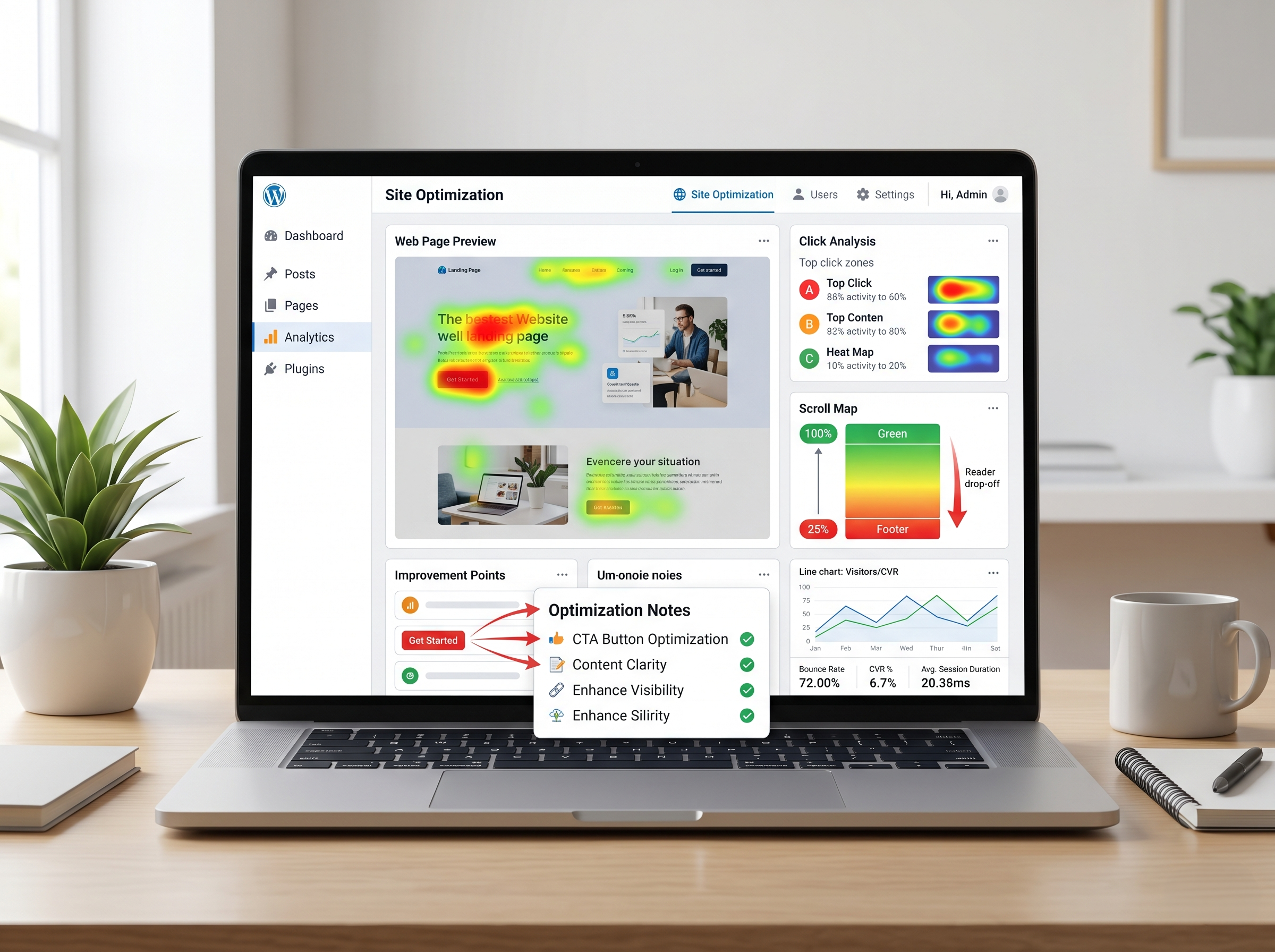 WordPress管理画面でヒートマップを使ってサイト改善を分析しているイメージ