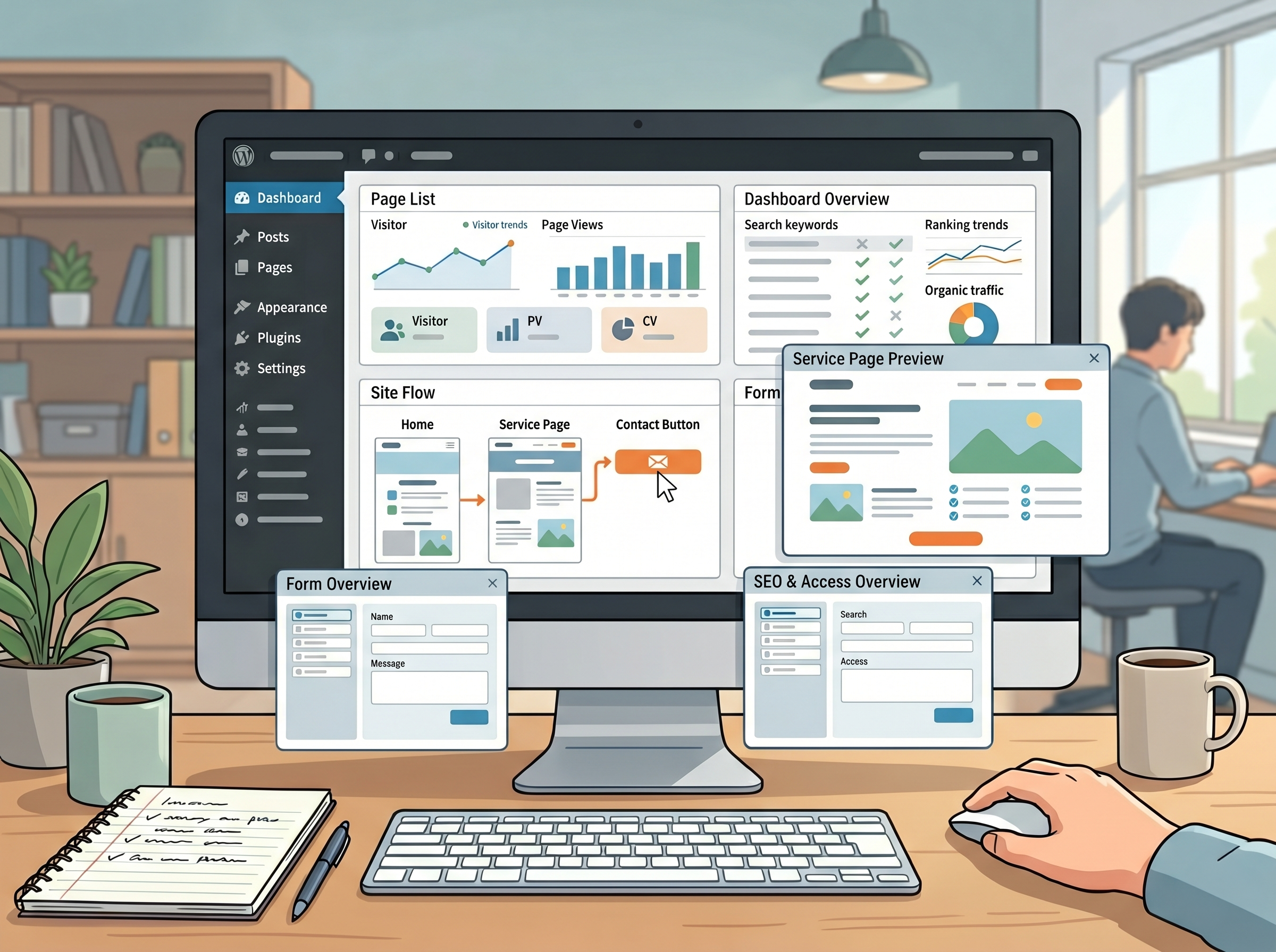 WordPressサイトの基本構成や導線を最初に確認しているイメージ