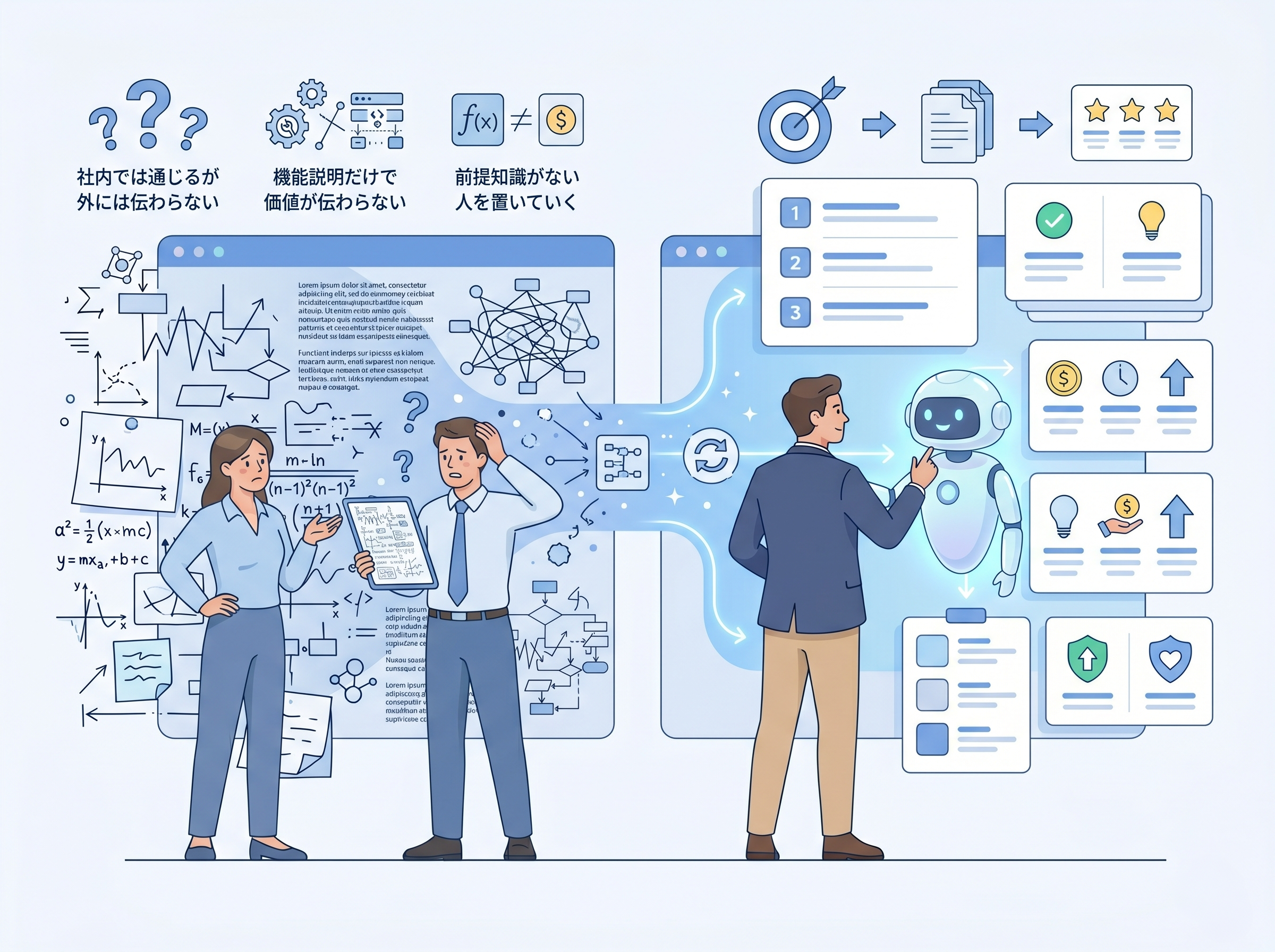 専門用語が多く、お客様に伝わりにくい説明を見直しているイメージ