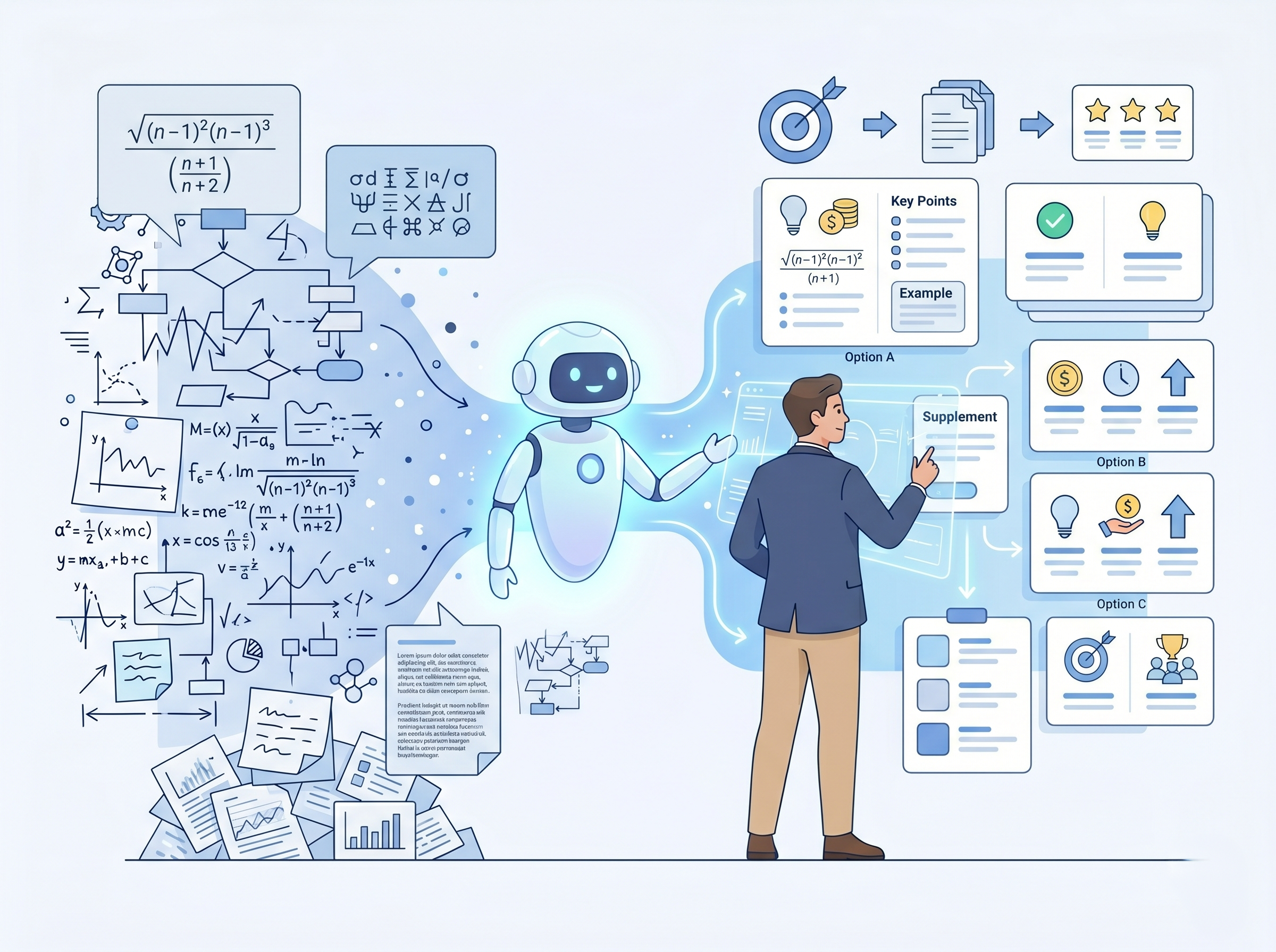 AIが業界用語をやさしい言葉に言い換え、説明を整理しているイメージ
