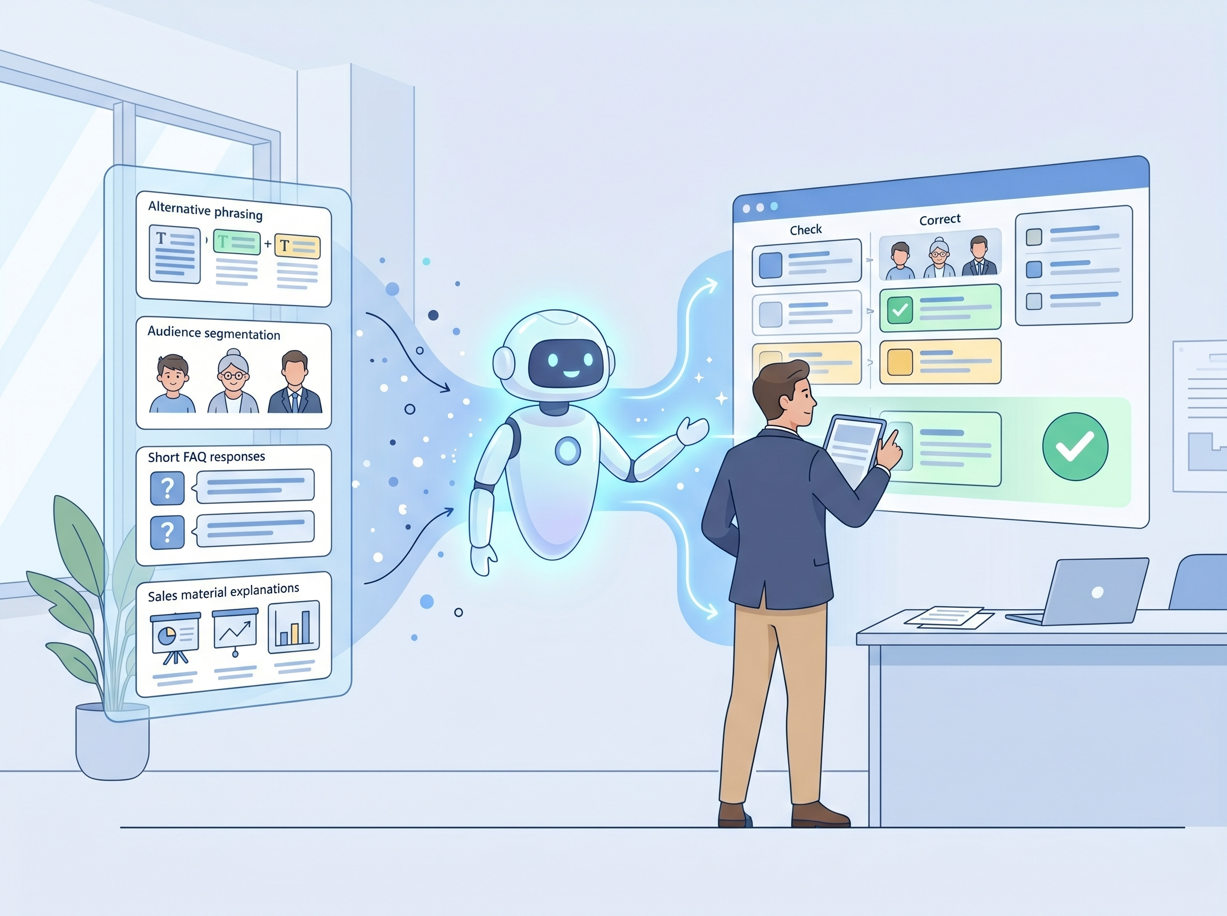 AIが説明文の言い換え案を作り、人が最終確認しているイメージ