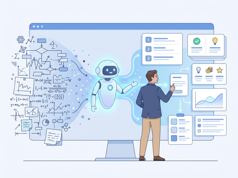 AIが専門用語の多いサービス説明を整理し、お客様に伝わる言葉へ言い換えているイメージ