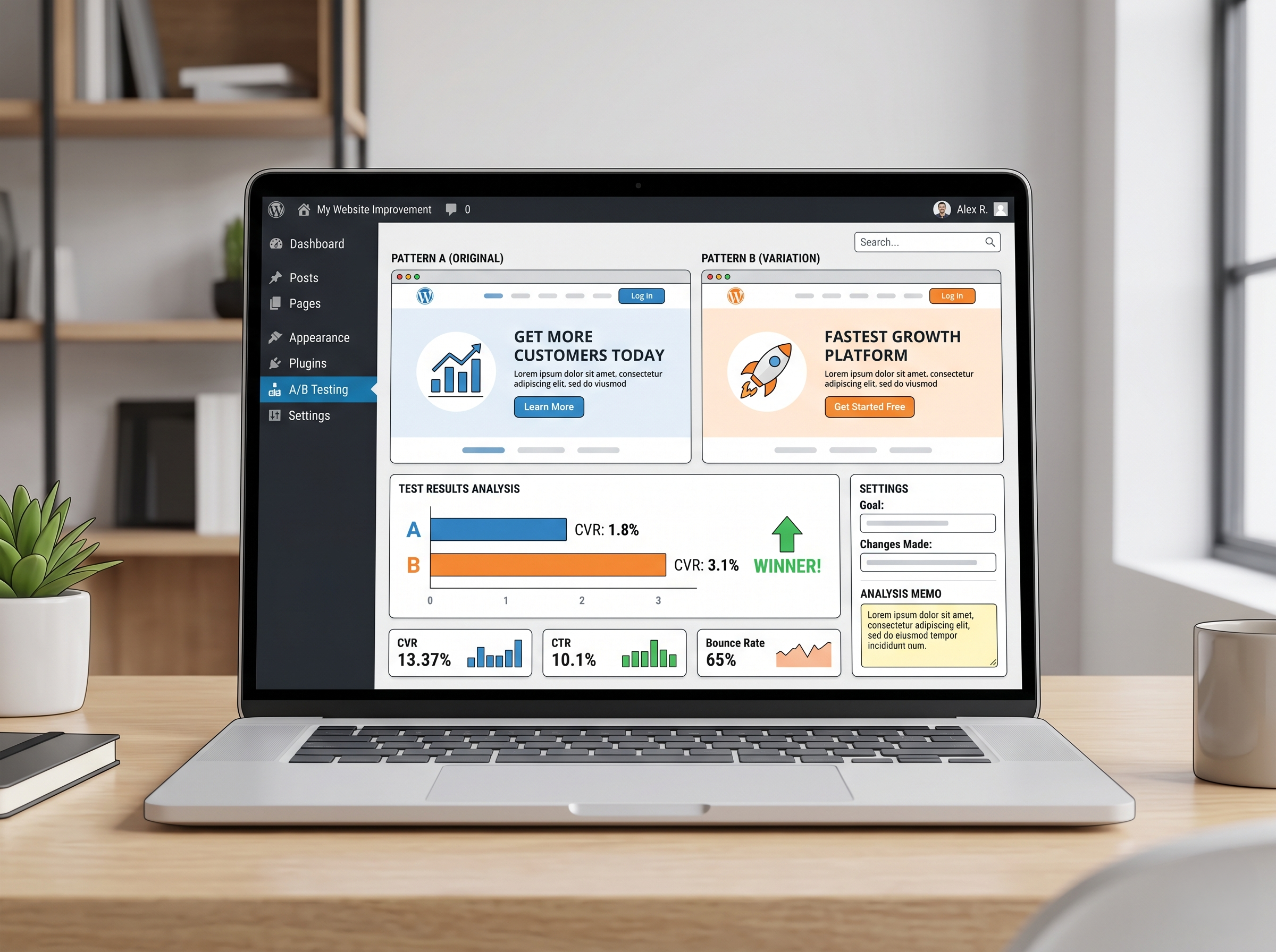 WordPressの比較画面でAパターンとBパターンを見比べているイメージ