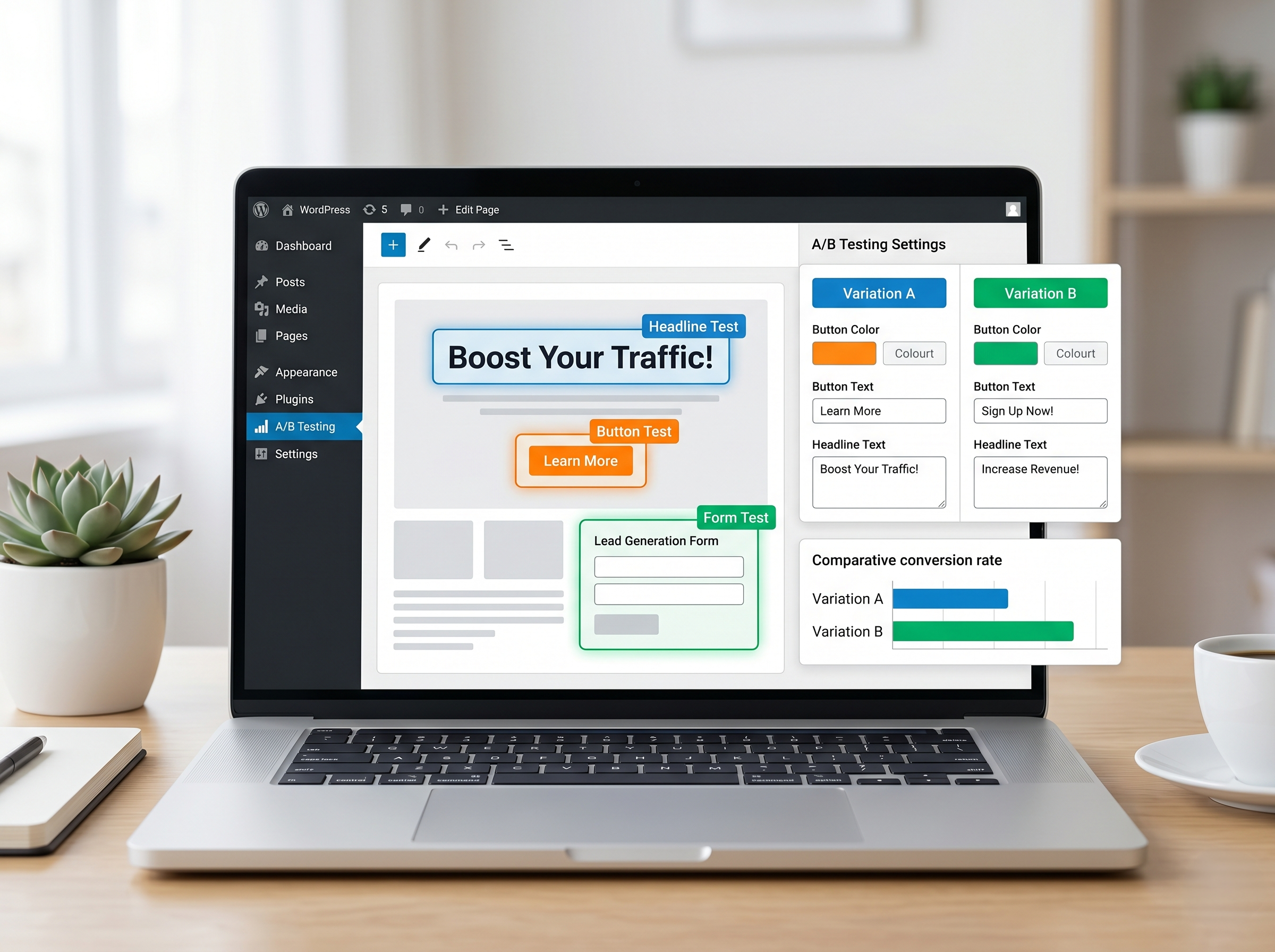 WordPressのページ編集画面でCTAや見出しなどのテスト項目を調整しているイメージ