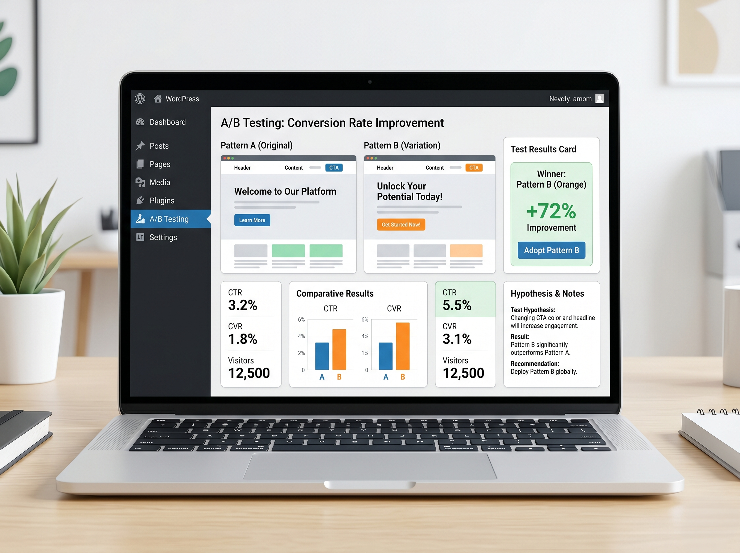 WordPress管理画面でA/Bテストによるサイト改善を行っているイメージ