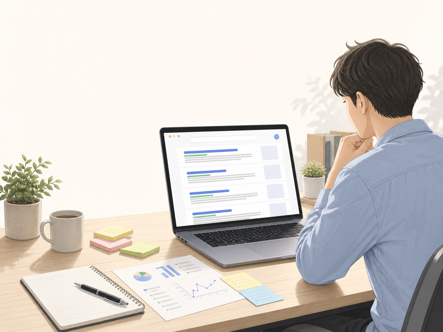 検索結果上のタイトルとディスクリプションを見直してCTR改善を検討しているイメージ
