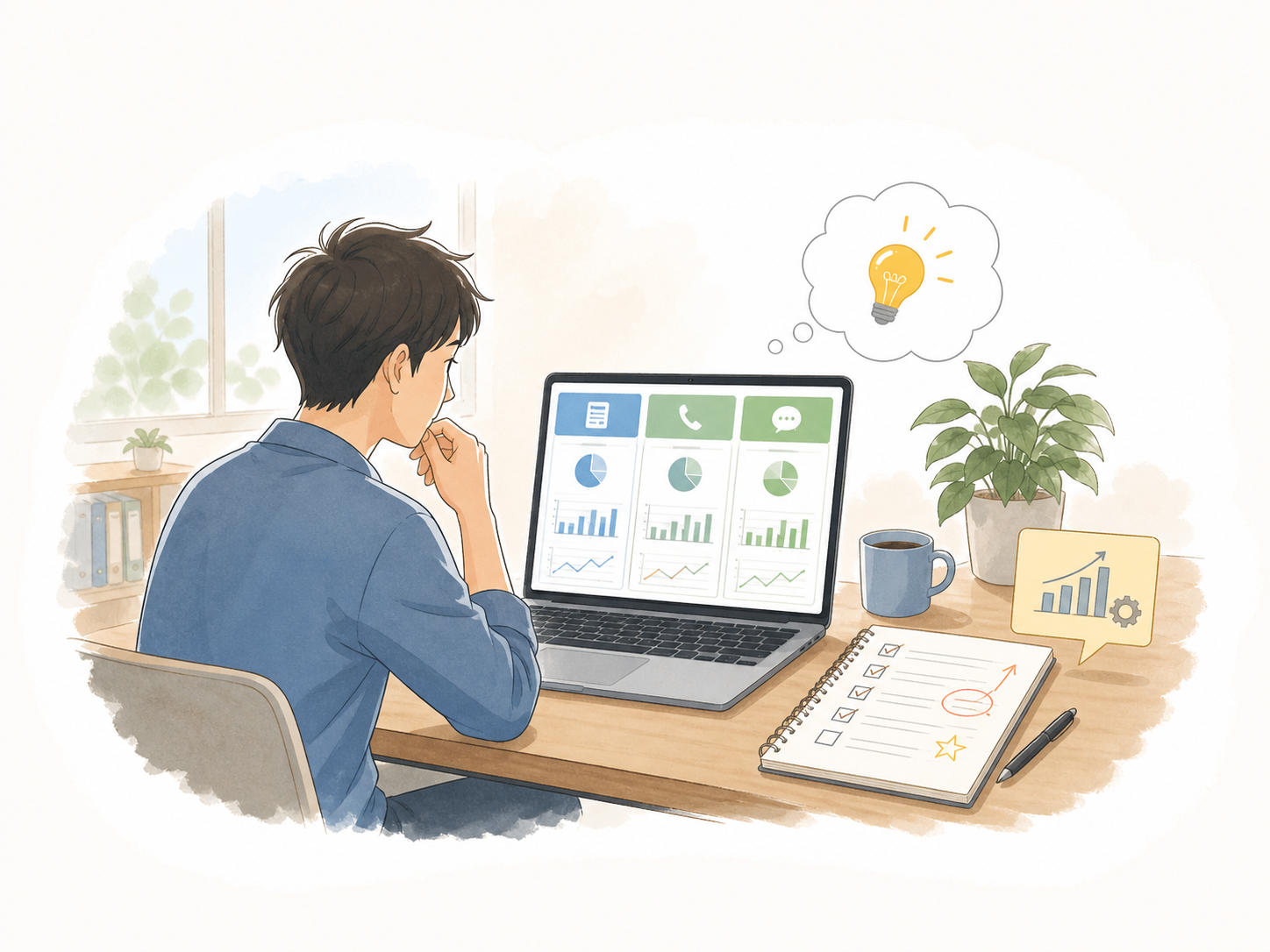 問い合わせ手段別の数字を見て改善ポイントを見つけているイメージ
