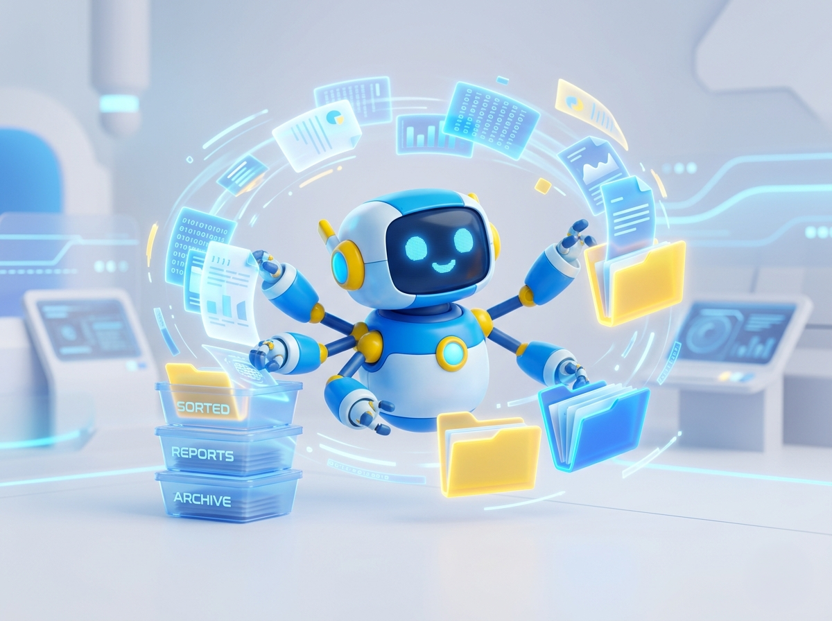 書類やデータを高速で整理・分類する、デフォルメされたAIロボットのイラスト。