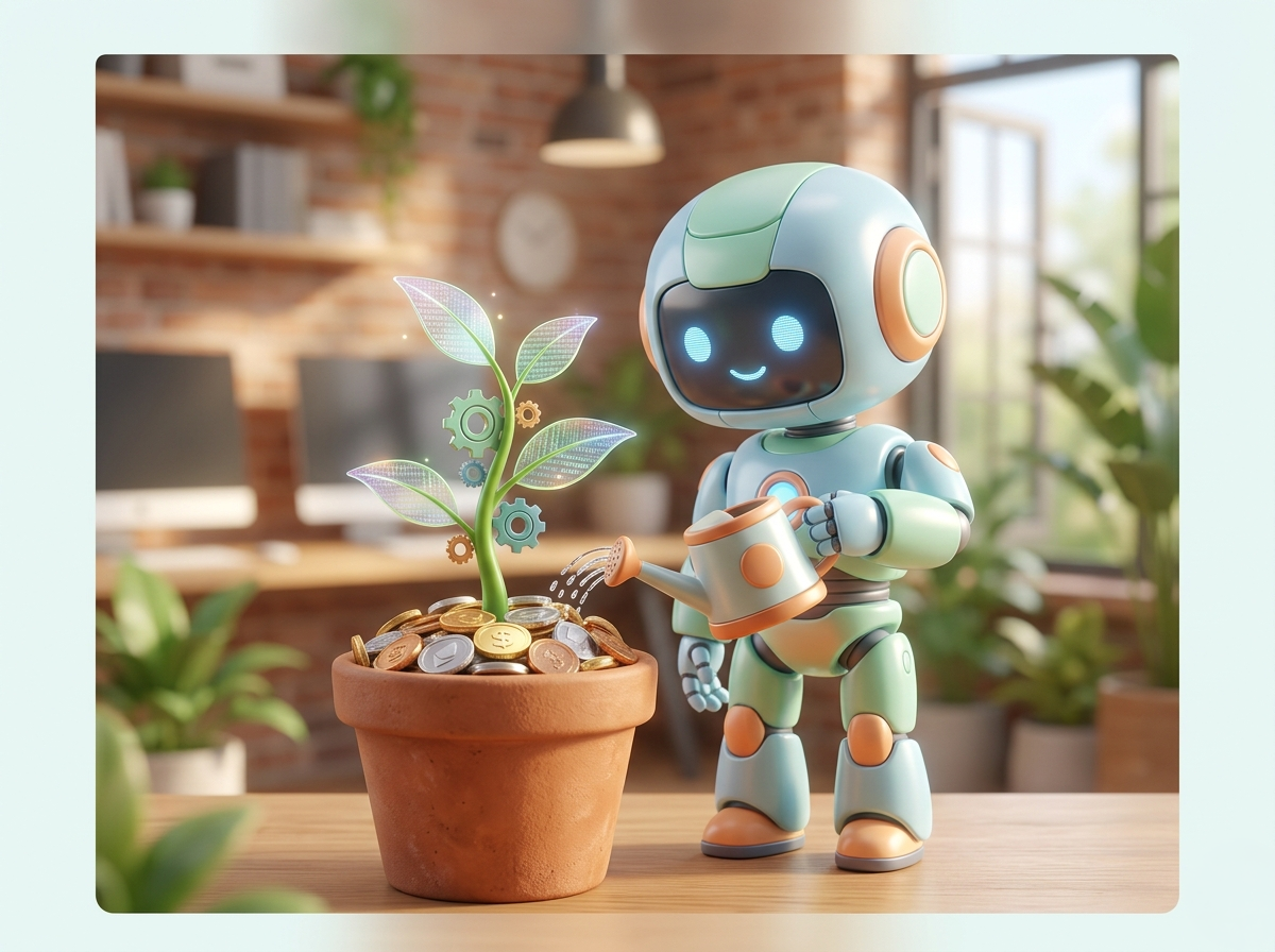 AIロボットに見守られながら、コインの入った鉢植えから芽吹く小さな植物。現実的な成果の象徴。