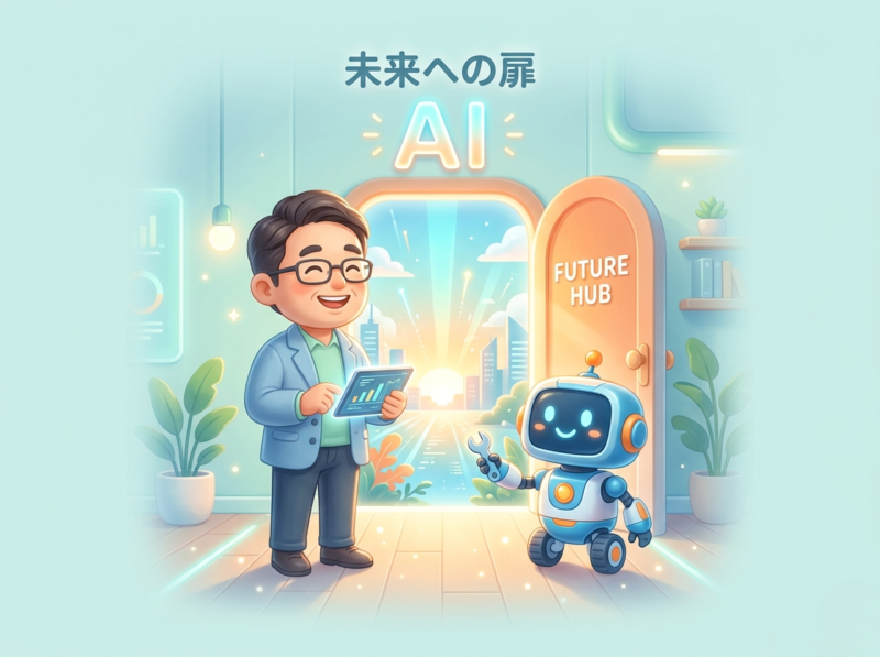 AI導入の扉を開き、未来を見つめる中小企業の経営者とロボットのデフォルメイラスト。