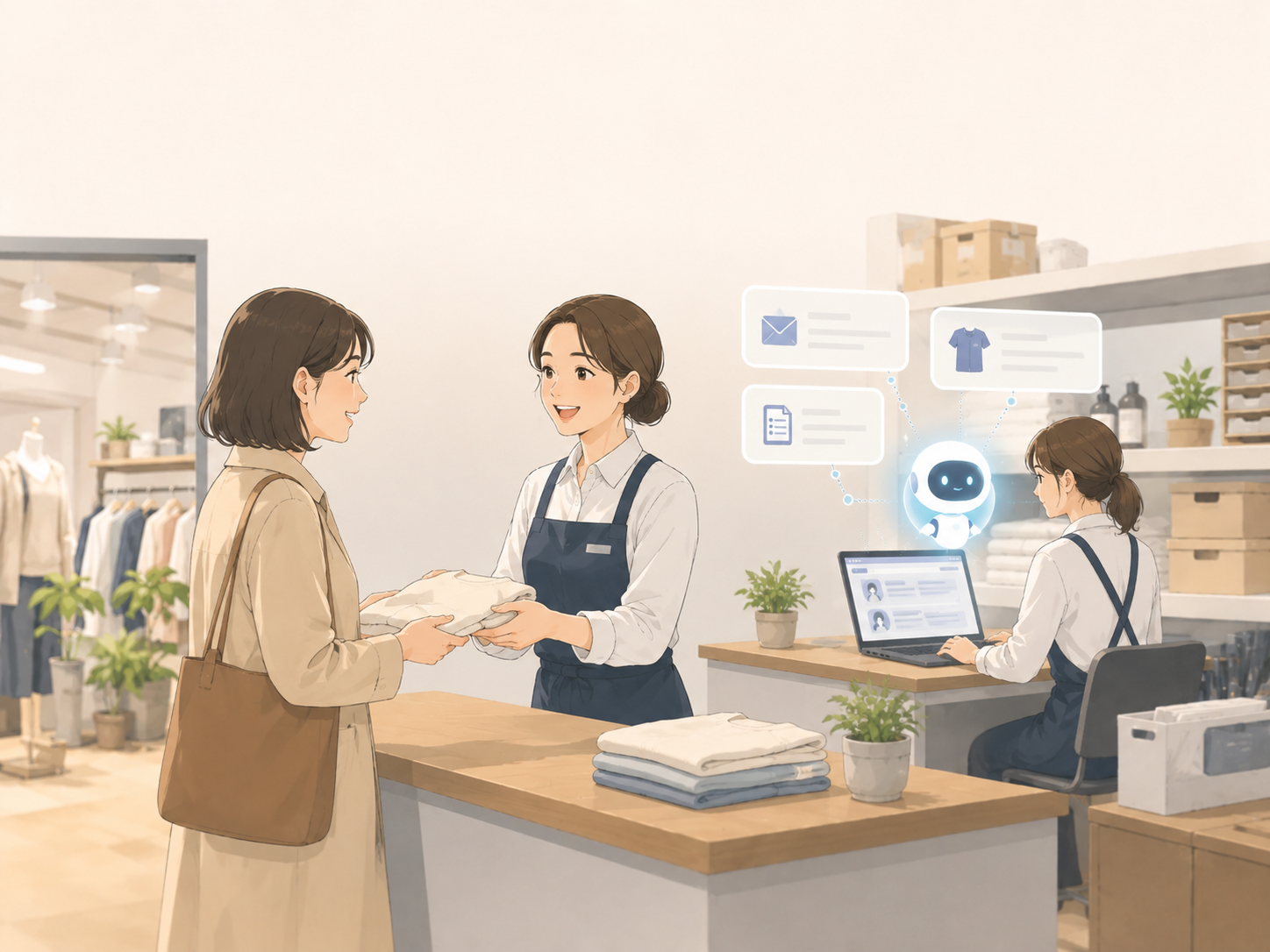 AIが接客前の準備や文章作成を補助しているイメージ