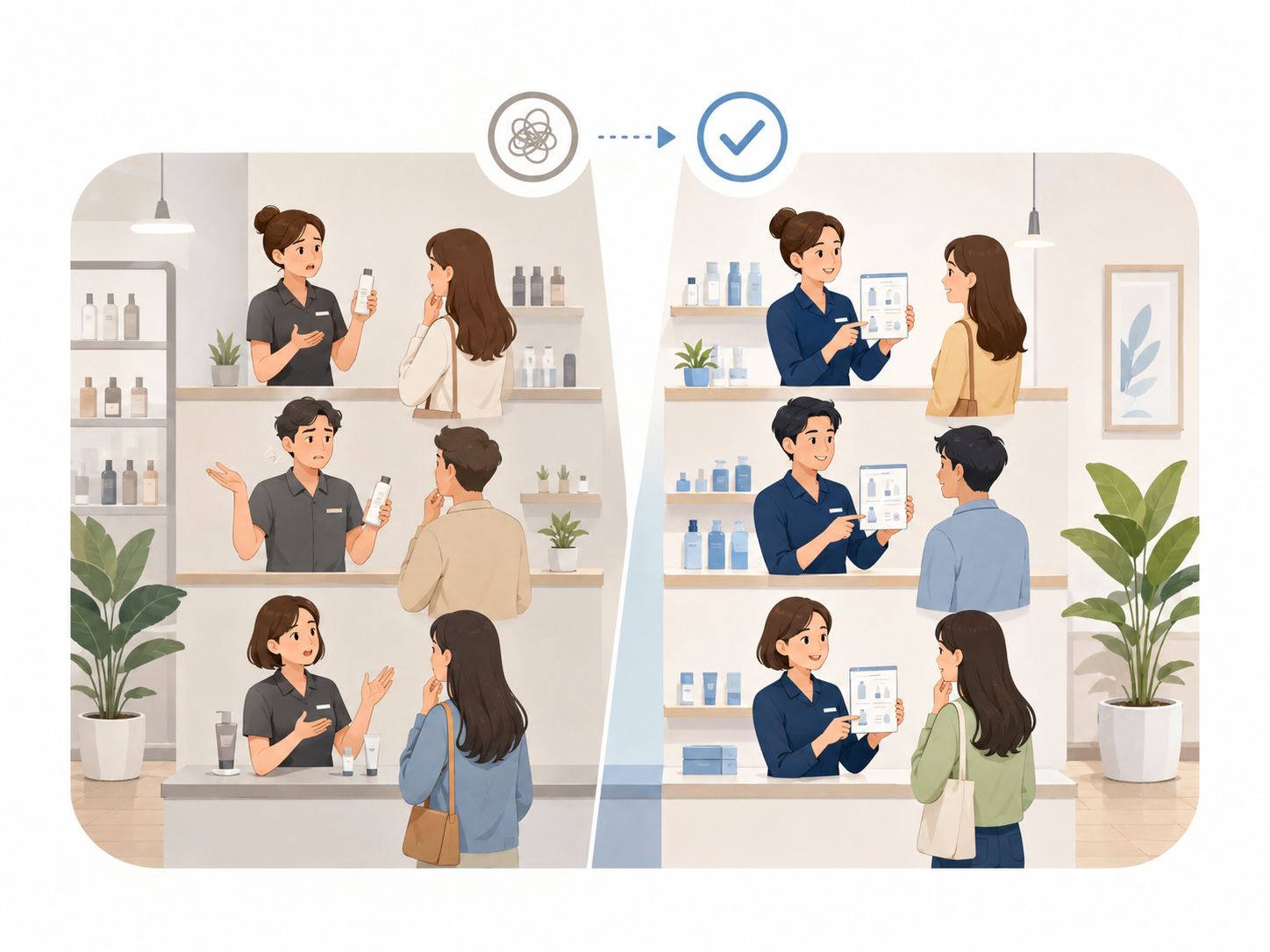 同じサービスでもスタッフごとに説明の仕方が違うイメージ