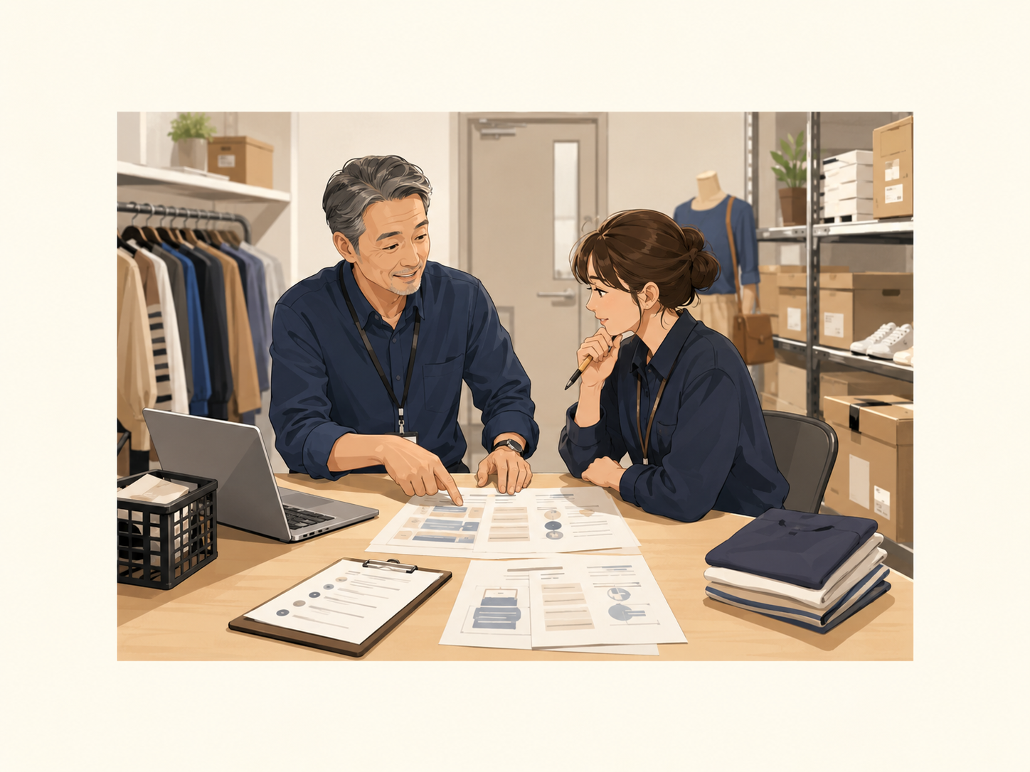新人スタッフが案内文の型を見ながら接客説明を学んでいるイメージ